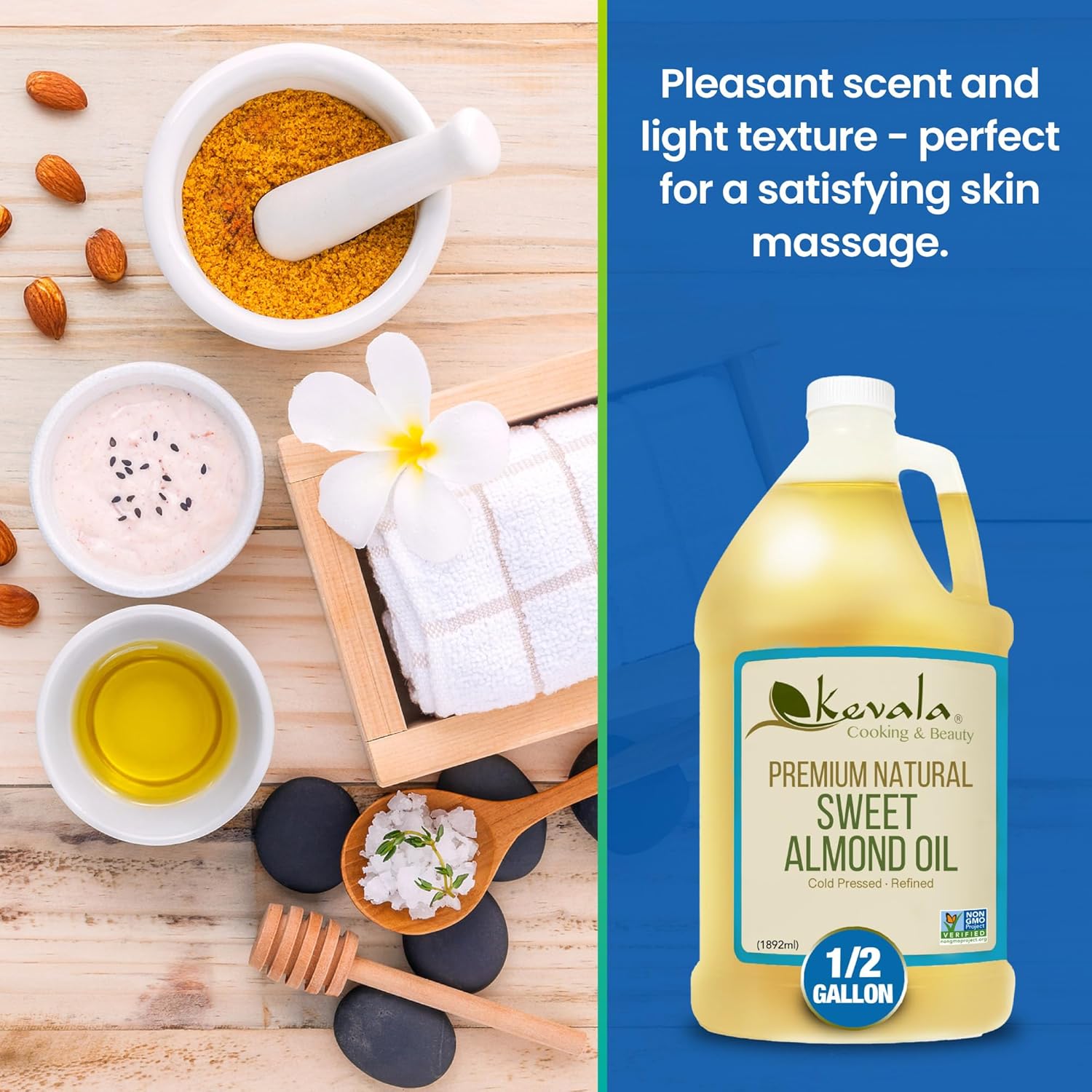 Kevala Sweet Almond Oil - Cold Pressed Almond Oil for Baking and Mixing with Essential Oils, With Mild Scent and Flavor, Nourishing and Rich in Vitamin E, Made with Selected Almonds, 64 oz, 1/2 gal