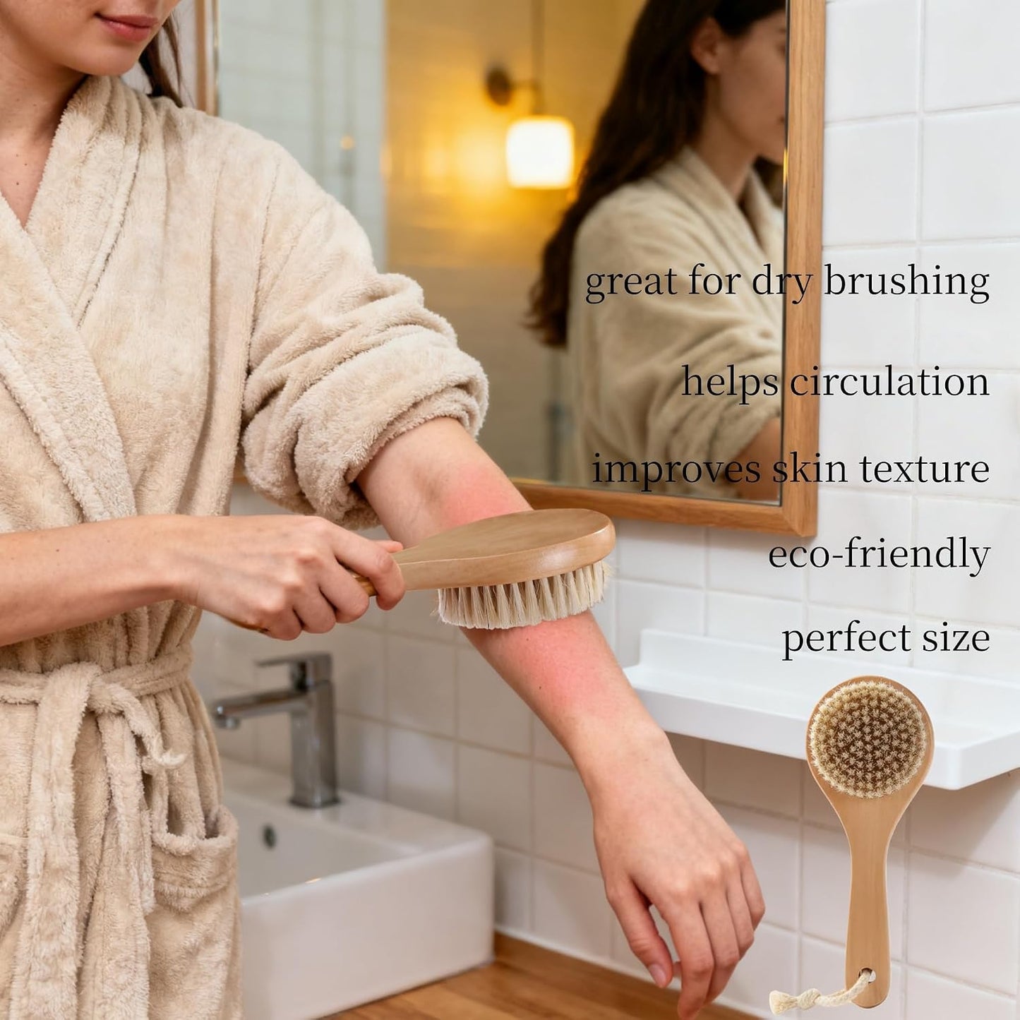 Natural Boar Bristle Body Brush – Lotus Wood Bath Brush for Dry Brushing & Exfoliation – Short Handle Shower Brush to Improve Circulation & Lymphatic Drainage