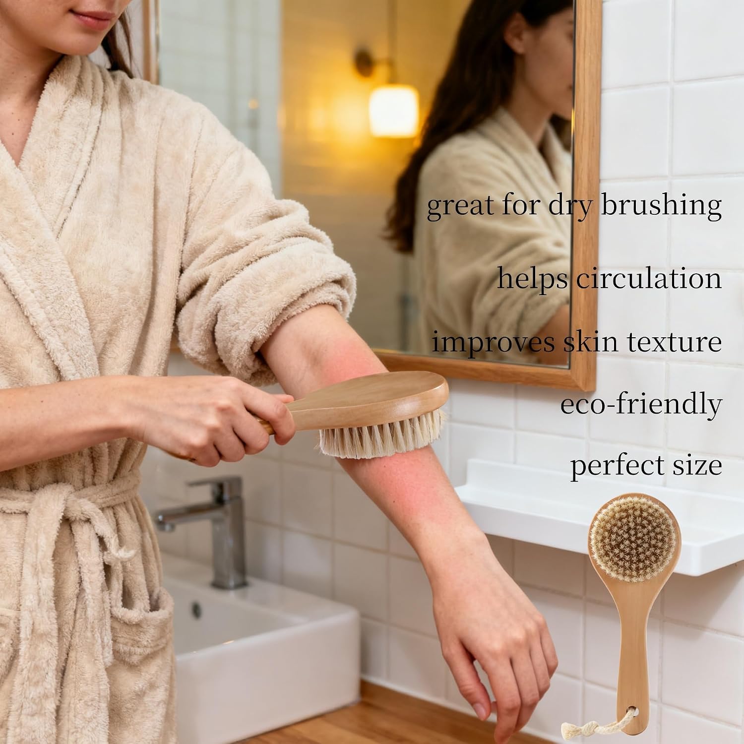 Natural Boar Bristle Body Brush – Lotus Wood Bath Brush for Dry Brushing & Exfoliation – Short Handle Shower Brush to Improve Circulation & Lymphatic Drainage