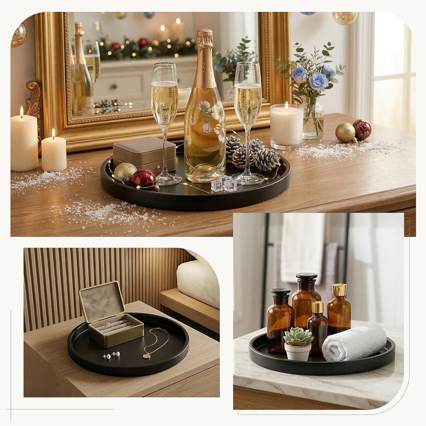 Round Black Metal Candlestick Tray, Round Decorative Tray, Candle Holder Trays for Wedding Table, Dinning Table Decorations Candle Holder Plate Black Rounds Decorative Serving Tray(11.4 inches)