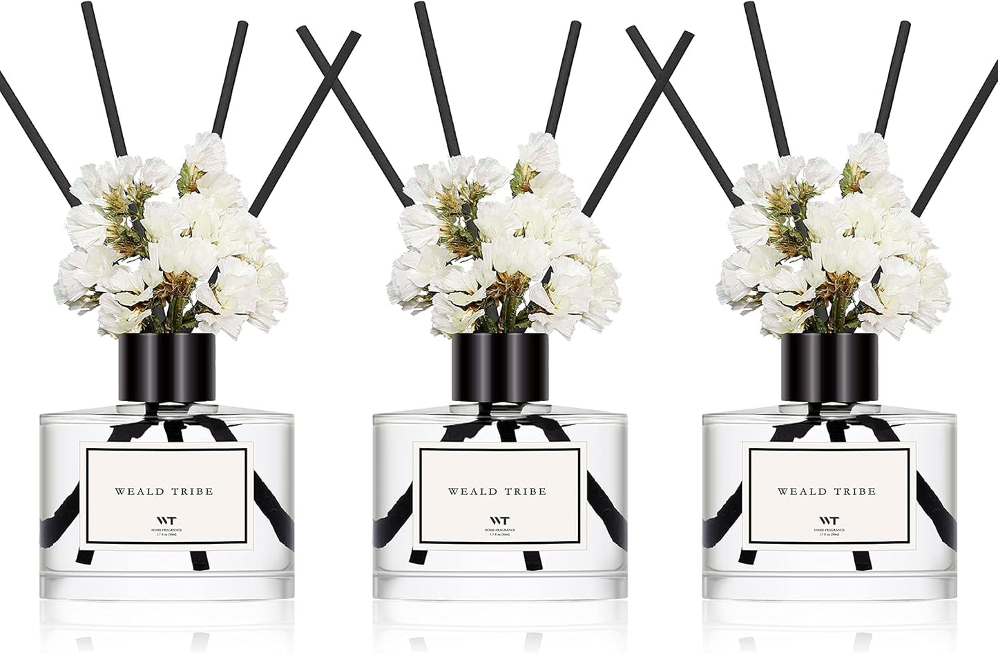 WEALD TRIBE Real Flower Reed Diffuser Set of 3 for Bathroom Shelf Decor, Cashmere & Vanilla, Lemongrass, Eucalyptus & Mint Scent Sticks Defusers with Essential Oils | Home Fragrance(1.7 fl oz/Pack)