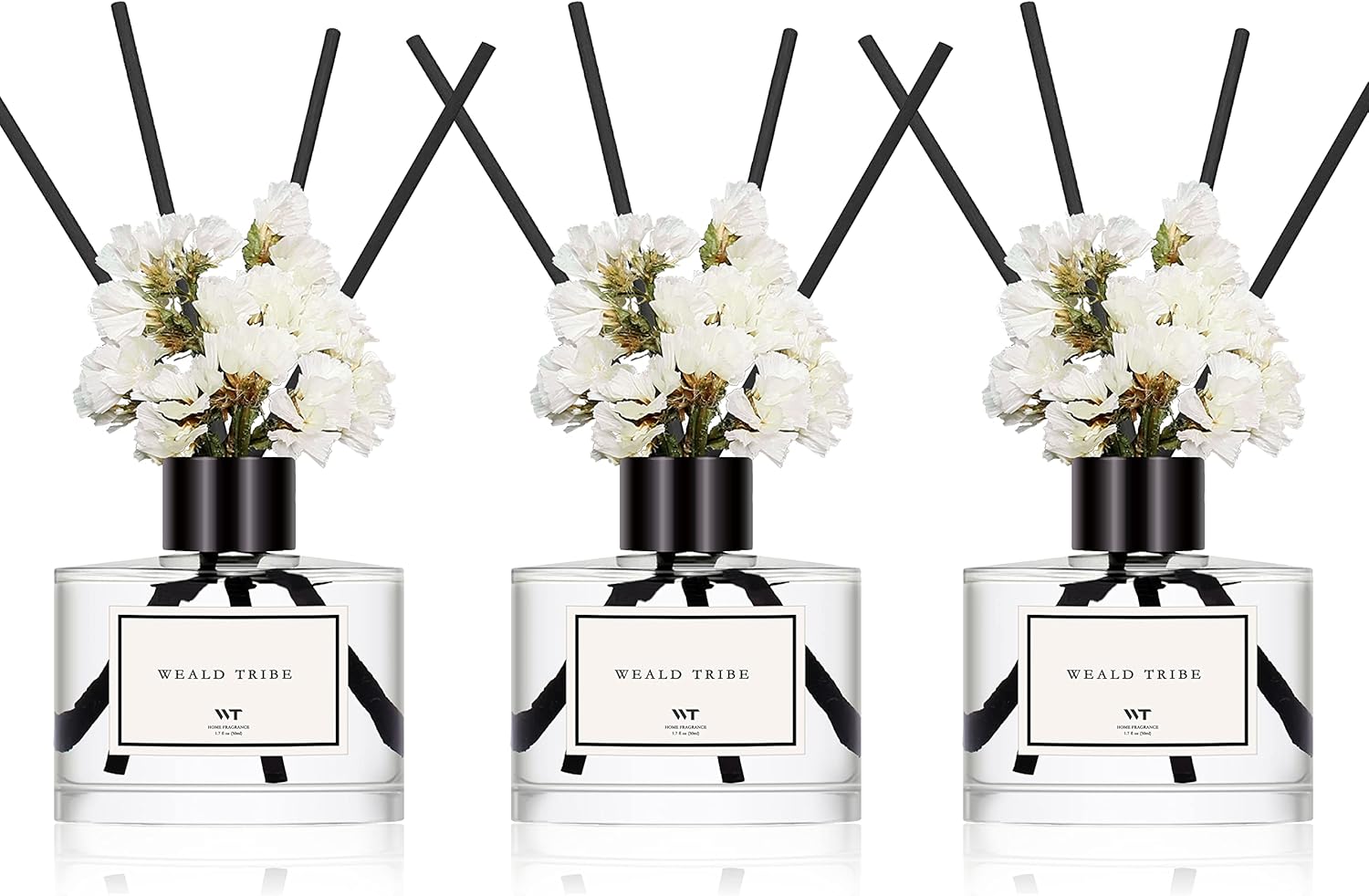 WEALD TRIBE Real Flower Reed Diffuser Set of 3 for Bathroom Shelf Decor, Cashmere & Vanilla, Lemongrass, Eucalyptus & Mint Scent Sticks Defusers with Essential Oils | Home Fragrance(1.7 fl oz/Pack)