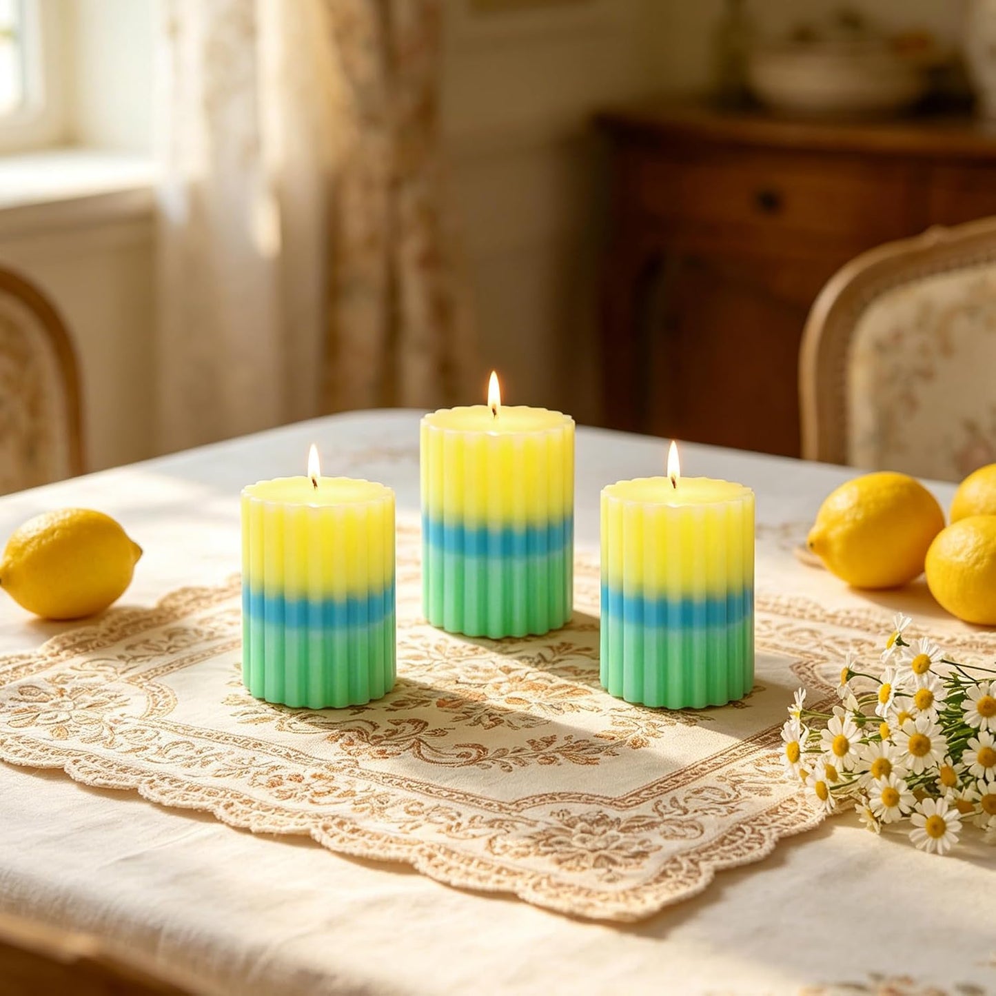 Lemon Verbena Scented Candles, Yellow Blue Green Ombre Ribbed Pillar Candles, 3"x4" Set of 3, Cotton Core Paraffin Wax, 50H+ Long Burning Time|1PC Aromatherapy Candle, Home Bathroom Living Room Decor