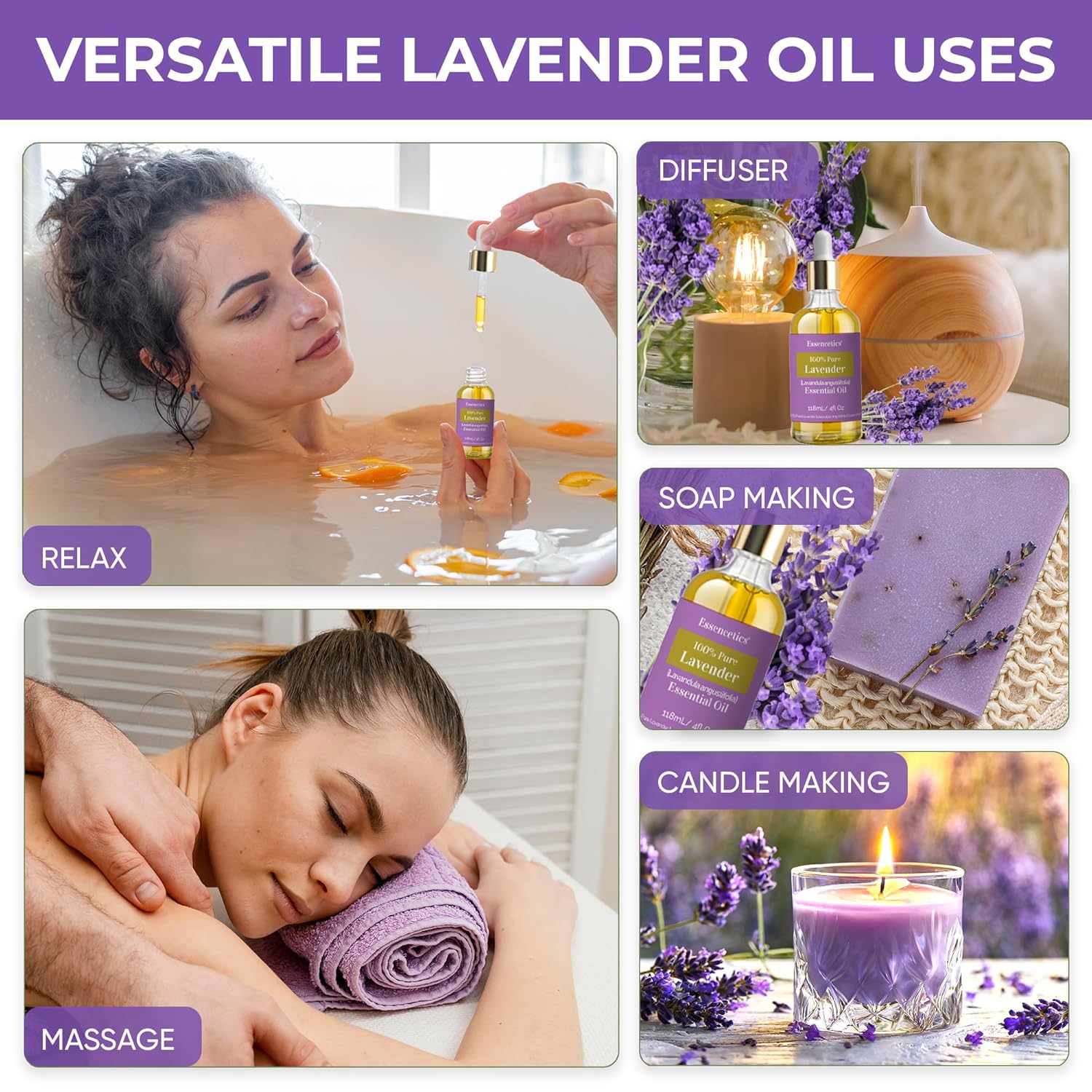 Organic Lavender Essential Oil for Diffuser 4oz - 100% Natural - Therapeutic Grade Pure & Organic Lavender Oil for Aromatherapy Skin Hair & Diffuser