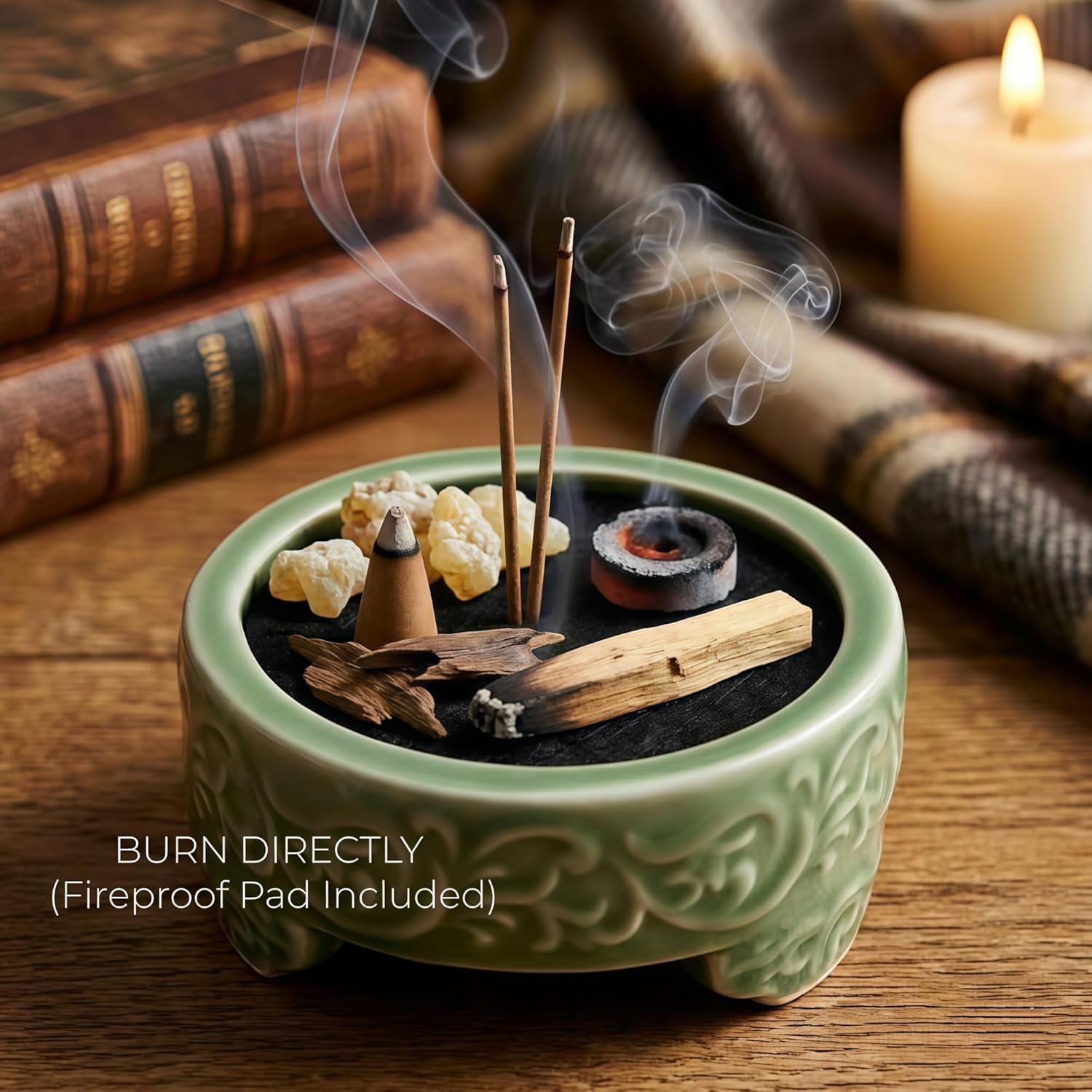 USMOLA Incense Burner with Lid, Ceramic Incense Holder for Stick Cones & Coils Incense with Burn Cotton for Home, Office, Yoga, Green Lotus