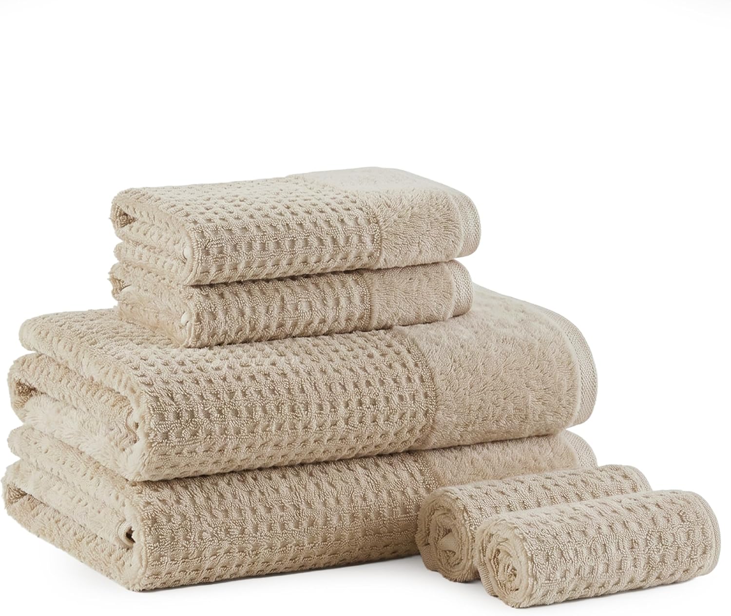 Madison Park Spa Waffle 100% Cotton Luxurious Towel Set, Premium Texture Waffle Weave, Highly Absorbent, Quick Dry, Hotel & Spa Quality Wash Clothes for Bathroom, Assorted Sizes, Natural 6 Piece