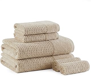 Madison Park Spa Waffle 100% Cotton Luxurious Towel Set, Premium Texture Waffle Weave, Highly Absorbent, Quick Dry, Hotel & Spa Quality Wash Clothes for Bathroom, Assorted Sizes, Natural 6 Piece