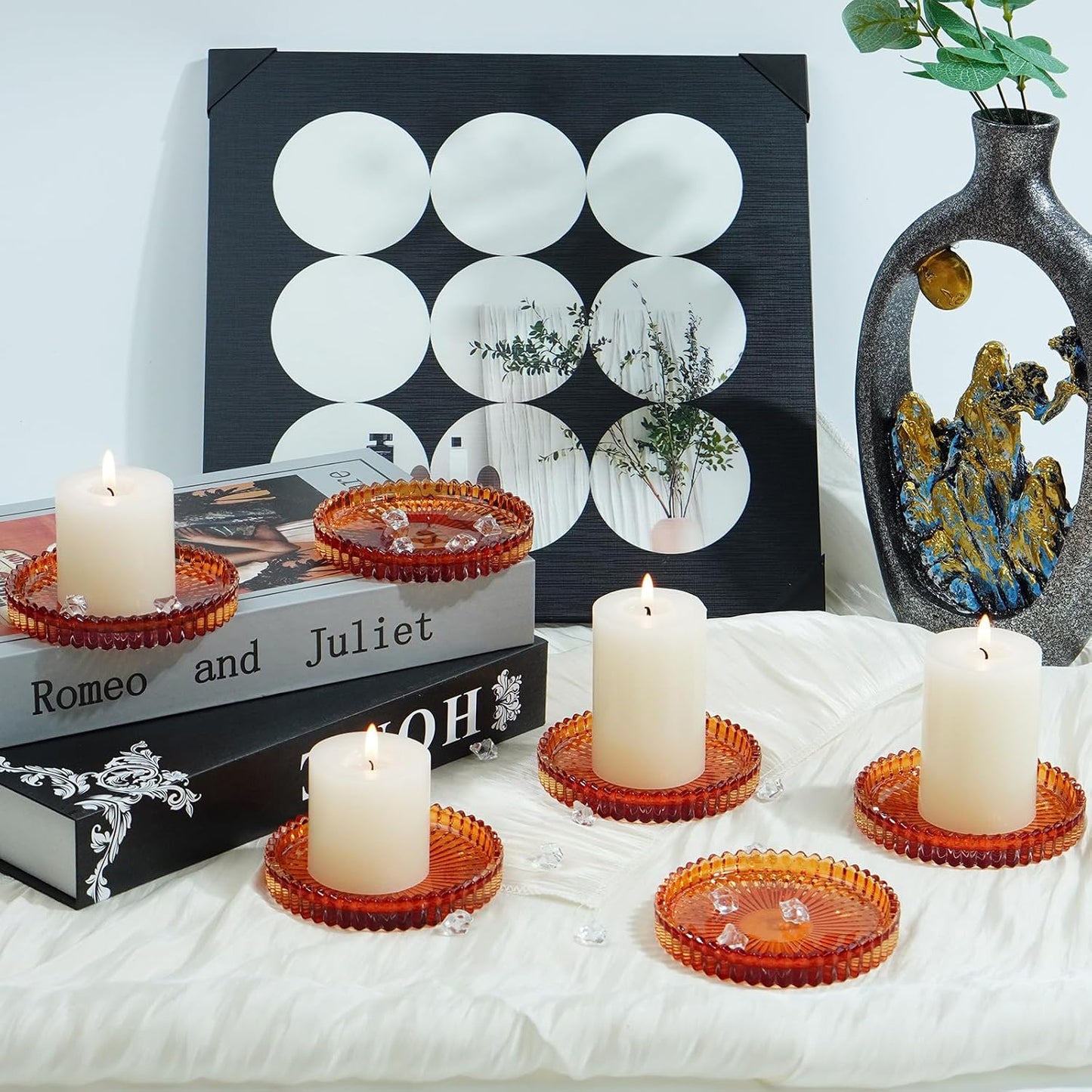 Candlestick Glass Candle Holder Plates Set of 6, Round Glass Candle Tray Plates for Dining Wedding Lantern Festival Party Evening Light, Amber