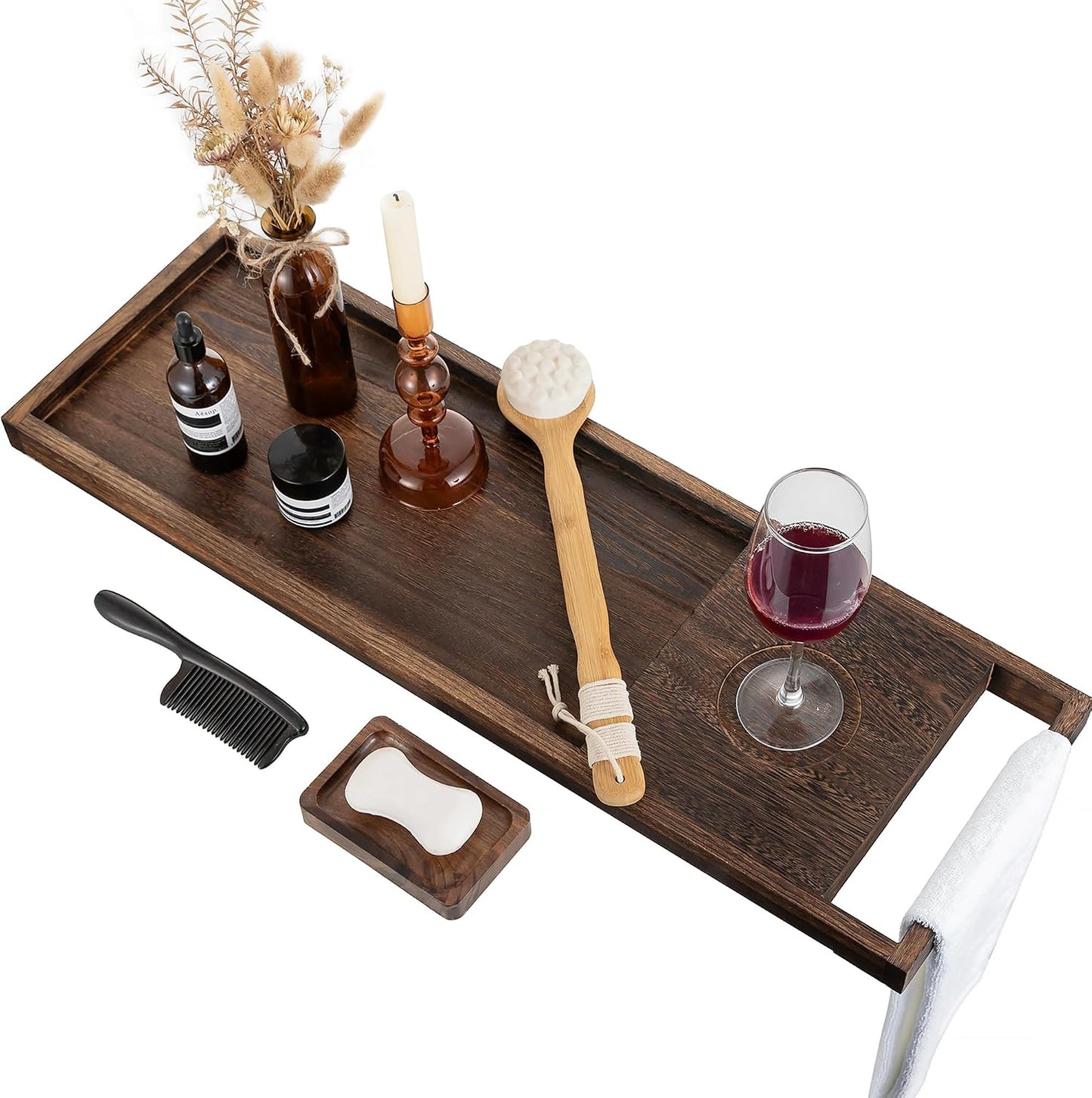 Hanobe Bathtub Tray Bath Caddy: 31" Wooden Tub Shelf with Handles Simplicity Farmhouse Rustic Wood Board for Bathroom Organizer Home SPA