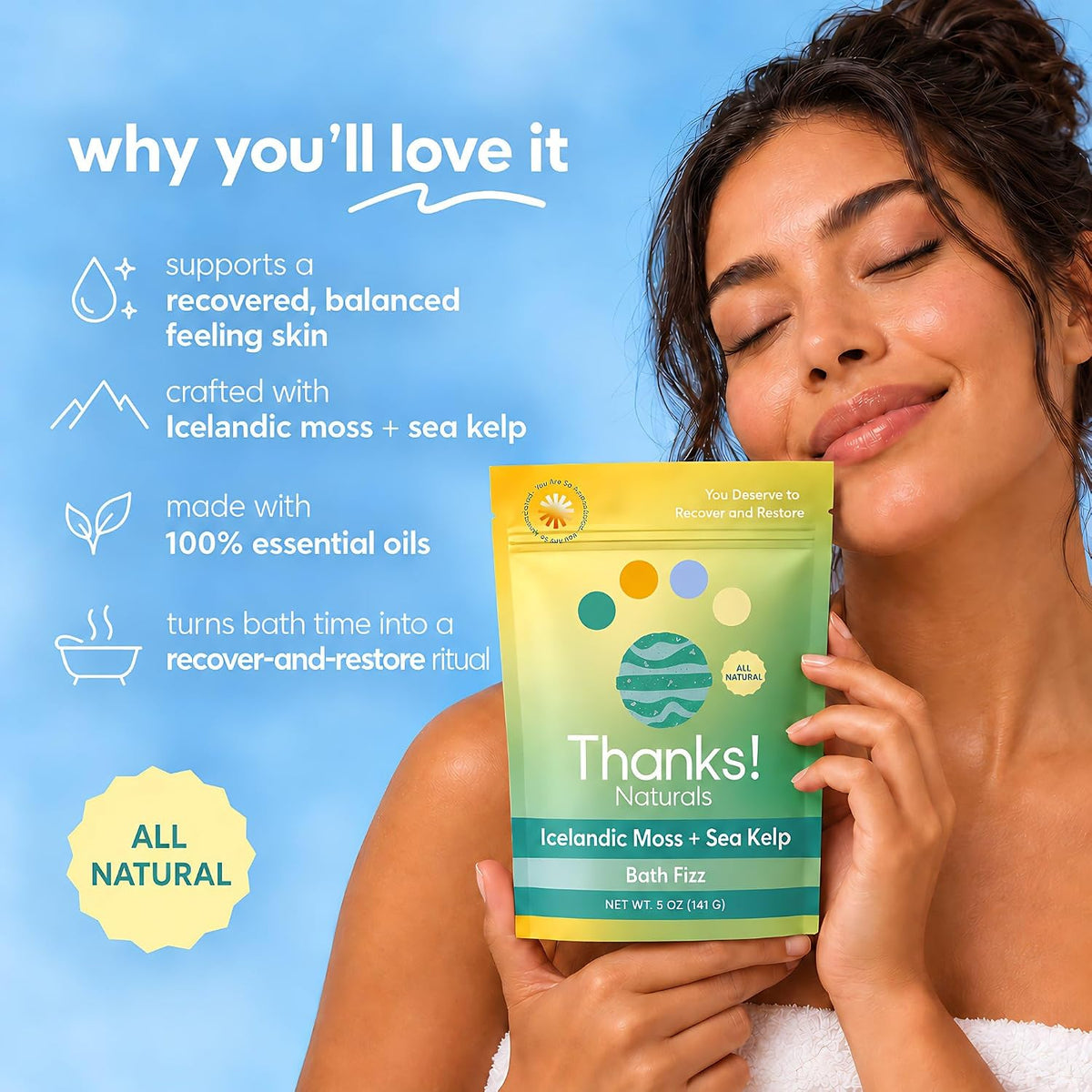 Bath Fizz, Icelandic Moss + Sea Kelp, Vegan &amp; Natural Bath Fizz with Sea Moss, Vitamin E, Shea Butter &amp; Himalayan Pink Salt, Spa at Home, Self Care Essential, Multiple Baths, 4 OZ