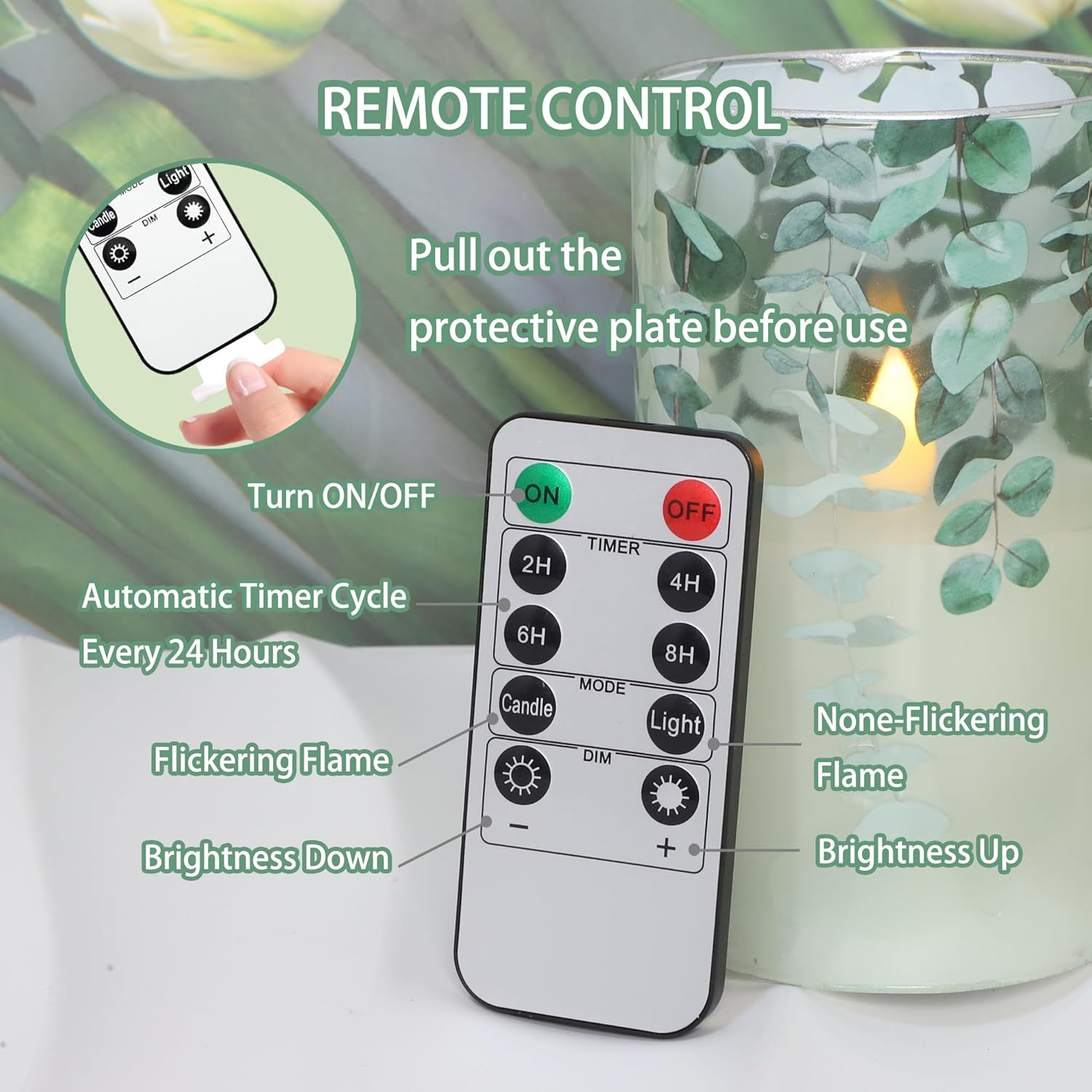 Green Glass Flameless Candles Remote Timer Eucalyptus Leaves Greenery Design Battery Operated Flicker Pillar Candle for Wedding Centerpiece Spring Easter Farmhouse Home Decoration, Set of 3