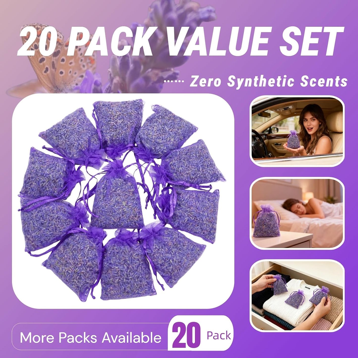 20 Pack Lavender Sachet Bags - 100% Natural Dried Lavender Buds for Closets Drawers Car & Home | French Potpourri Fragrance Sachets Rich Aroma Air Long Lasting Fresh Scents
