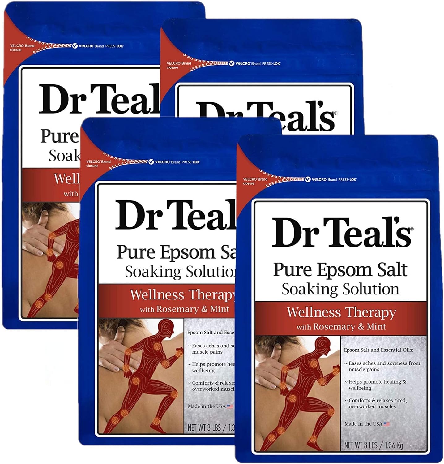 Dr. Teal's Rosemary & Mint Bath Soak Gift Set (4 Pack, 3lbs Ea.) - Wellness Therapy Soaking Solution Eases Aches & Pains and Promotes Healing for Overworked Muscles - At Home