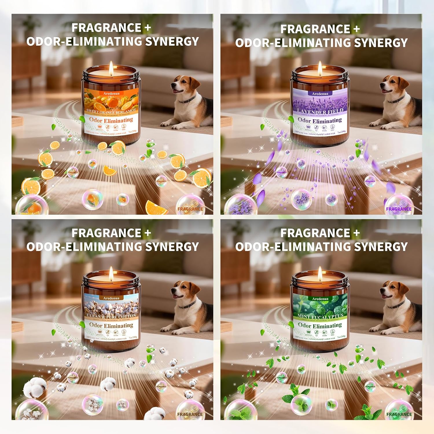 4 Pack Odor Eliminating Candles Set - Eliminates 95% of Pet, Smoke, Food & Other Smells - Air Freshing Scent of Orange/Mint/Lavender/Cotton - Up to 200 Hour Burn time - 28 oz Natural Soy Wax
