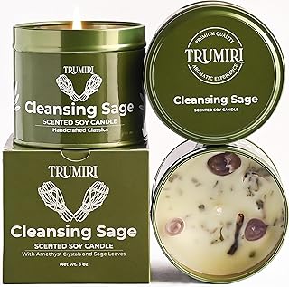 Sage Candle for Cleansing House Negative Energy Smudge Kit - 5oz Soy Wax Natural Clean Organic Non Toxic - Aromatherapy Spiritual Meditation Gifts - Long Lasting Highly Scented Candel with Crystals