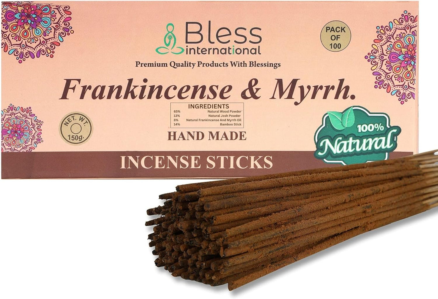 Bless-Frankincense-and-Myrrh 100%-Natural-Handmade-Hand-Dipped-Incense-Sticks Organic-Chemicals-Charcoal-Free Purification-Relaxation-Positivity-Yoga-Meditation Best-Woods-Scent (100 Sticks (5.25 OZ))