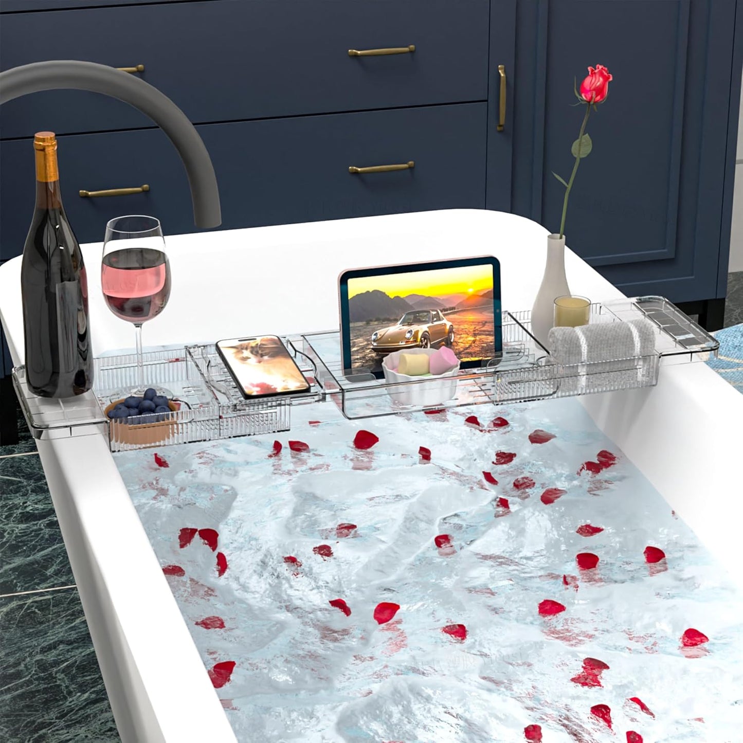 Yieach Luxury Tub Tray for Bathtub Expandable,Clear Bath Shelf Over Tub and Acrylic Bathtub Tray,Plastic Bath Board & Table,Bath Caddy Tray & Accessories for Mothers,Mom and Women Relaxing Spa Gifts