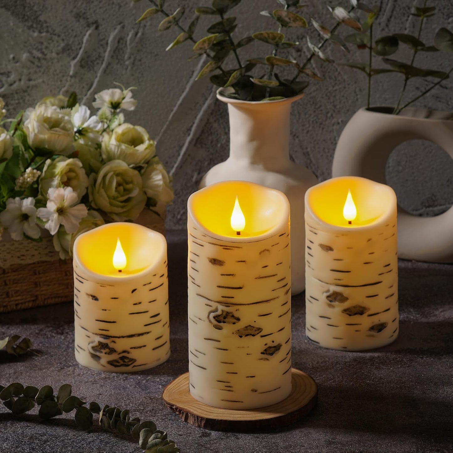 QQFCTOO Birch Bark Flameless Candles, Flickering Battery Operated LED Candles, Electric Plastic Pillar Candles with Remote & Timer, Rustic Farmhouse Home Decor, Wedding Centerpiece, Gift Set of 3