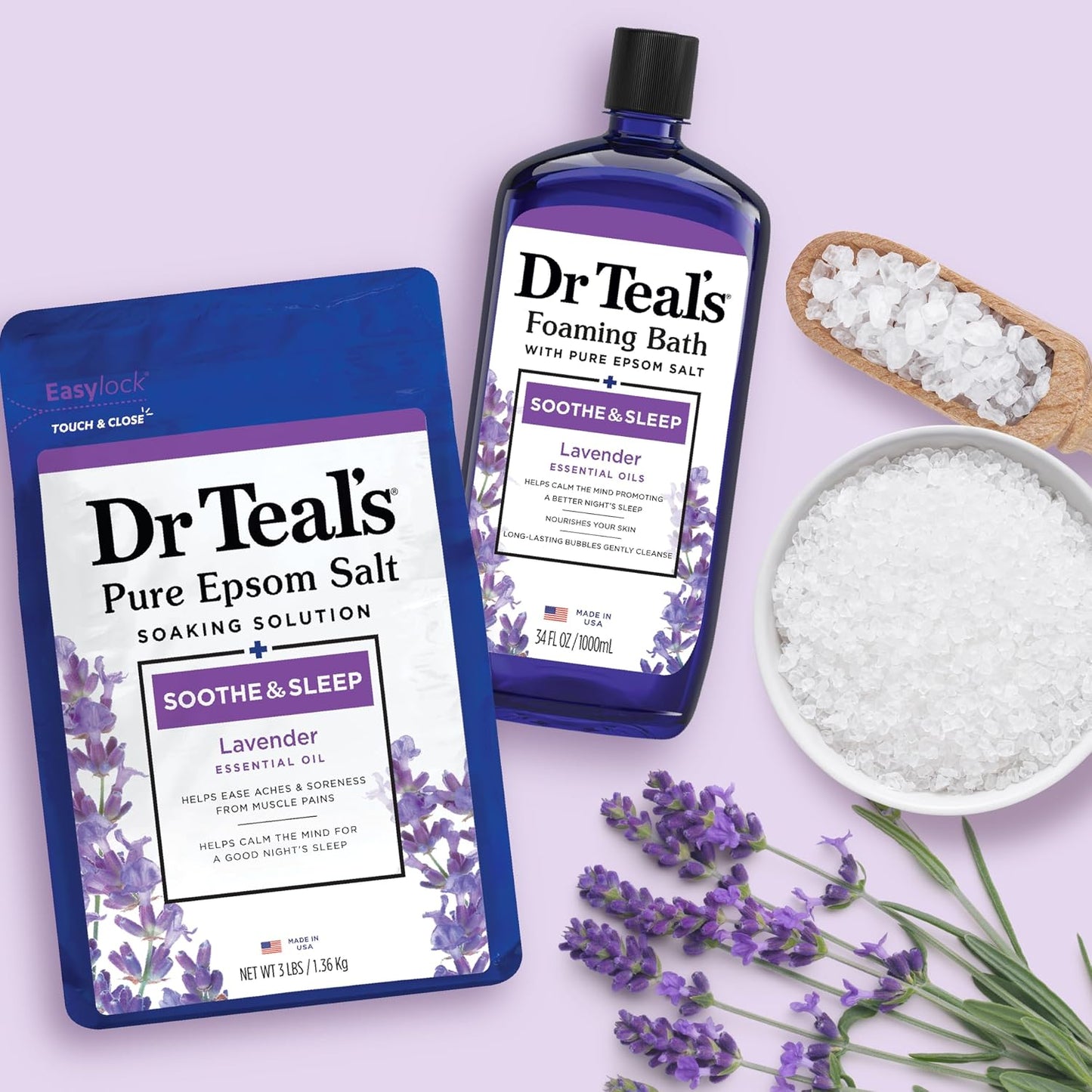 Dr. Teal's Epsom Salt Soaking Solution and Foaming Bath with Pure Epsom Salt Combo Pack, Lavender