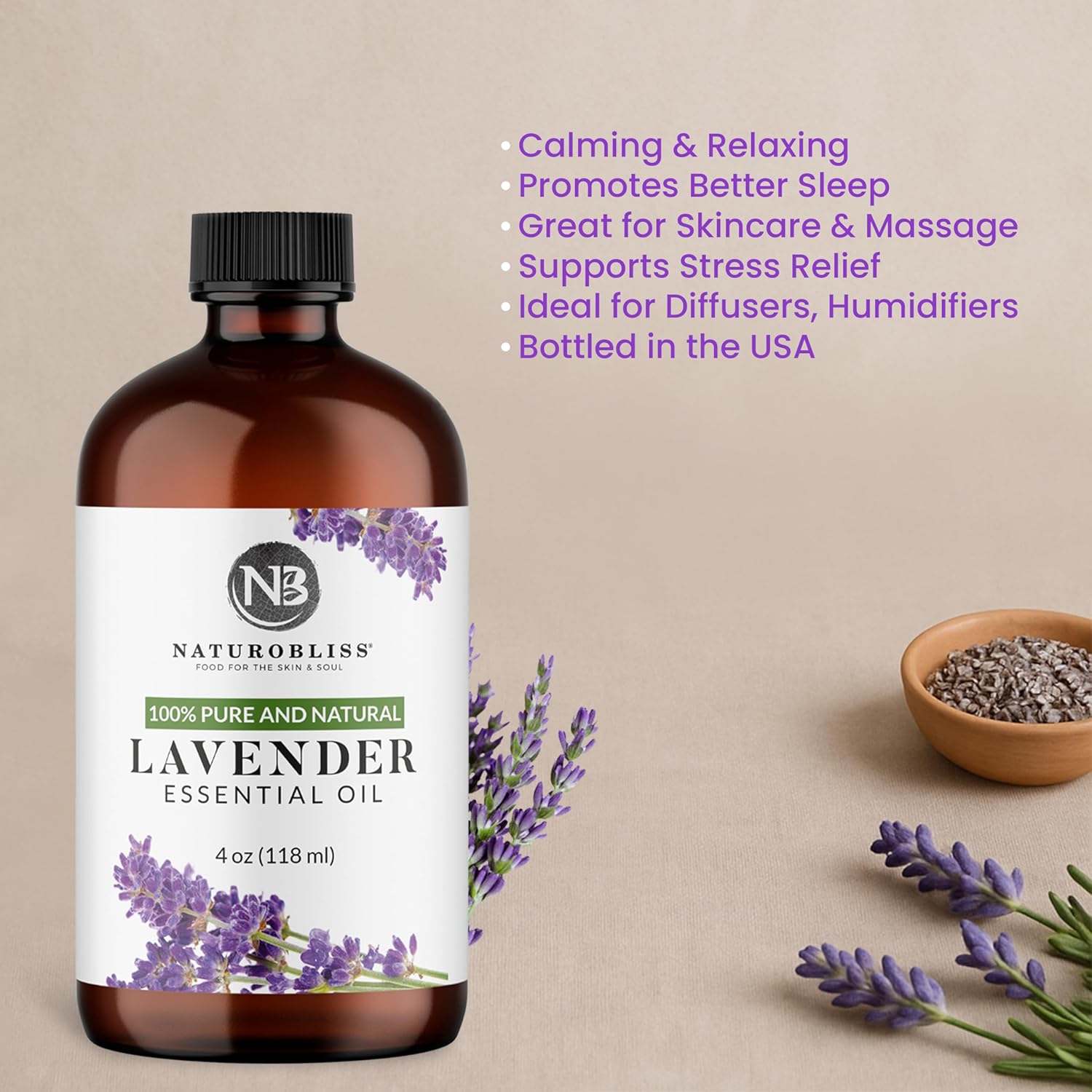 NaturoBliss Lavender Essential Oil with Glass Dropper - 100% Pure and Natural - Essential Oils for Diffuser, Aromatherapy, Soap and Candle Making, Lavender Essential Oil Pure, Lavender Oil, 4 Fl Oz