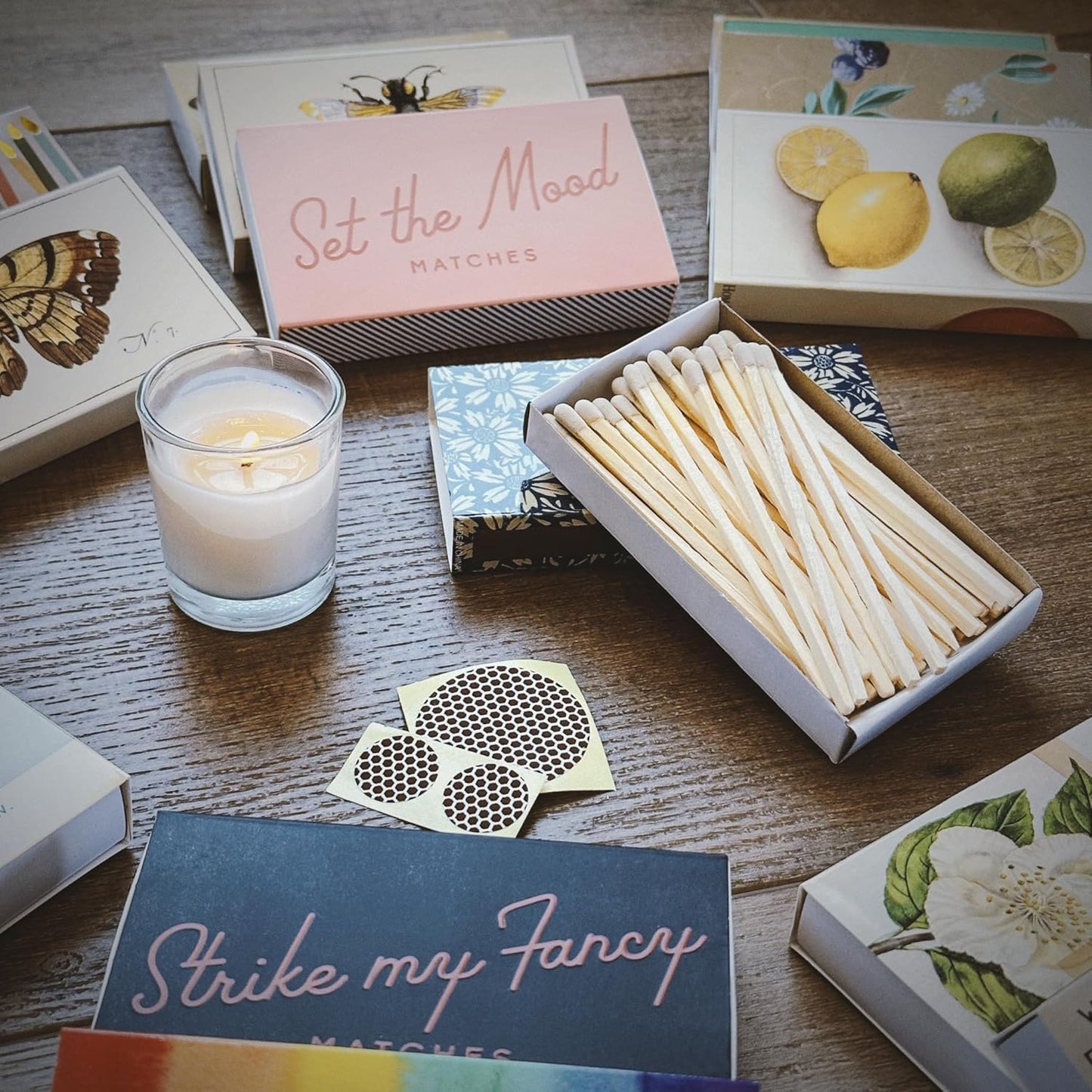 HomArt Matchbox Designs of Your Choice (4 Unique Box Designs with 4" Matches, Striking Stickers by Thankful Greetings) Decorative & Festive for Home Decor, Gifts, Accessories Long Safety Matches