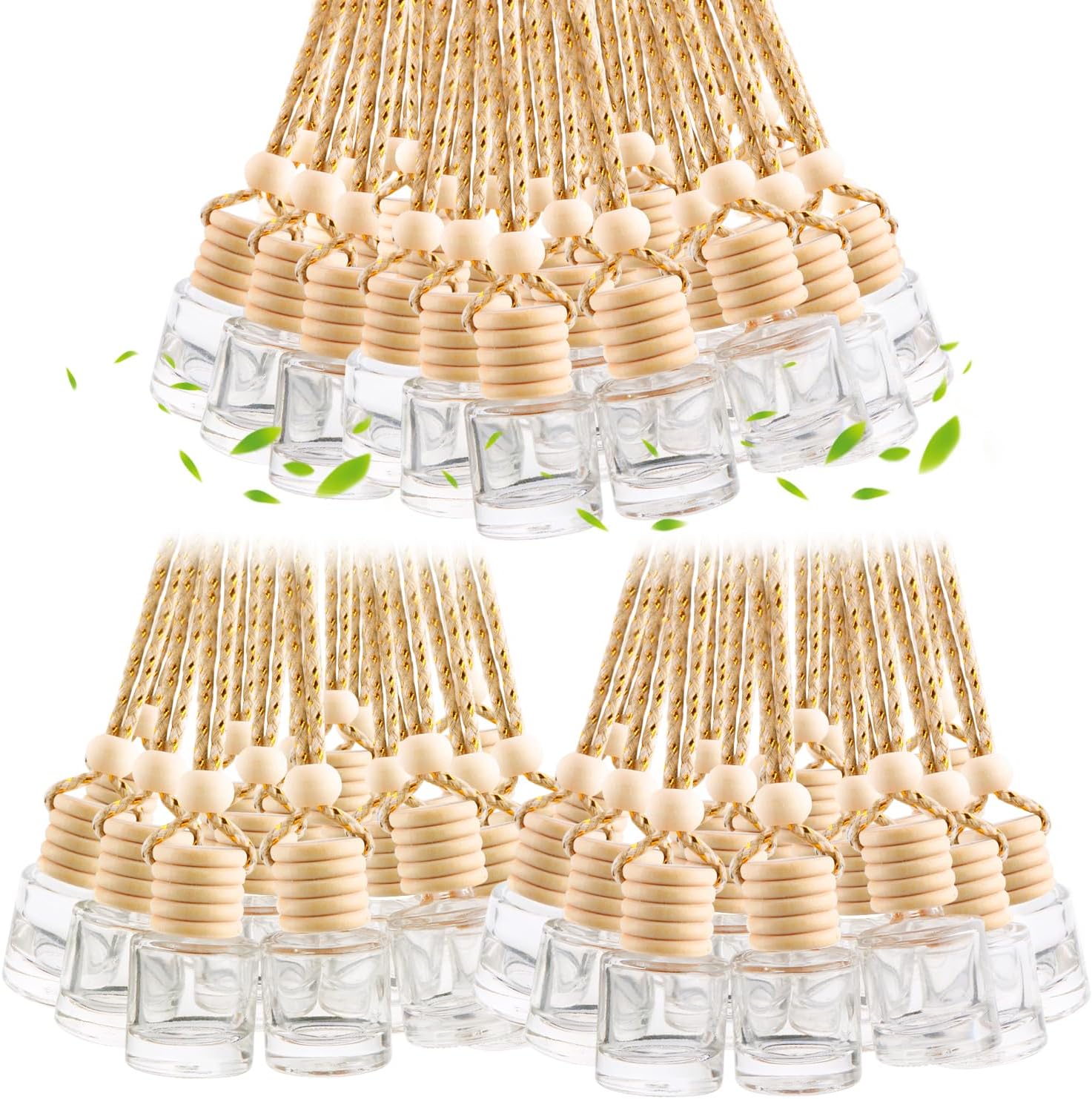 100 Pcs 8ml Hanging Car Air Freshener,Empty Clear Glass Essential Oil Diffuser Perfume Aromatherapy Pendant Bottle Vials Ornament Decor with Wooden Caps & Hanging String-Cylindrical Shape