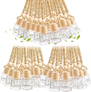 100 Pcs 8ml Hanging Car Air Freshener,Empty Clear Glass Essential Oil Diffuser Perfume Aromatherapy Pendant Bottle Vials Ornament Decor with Wooden Caps & Hanging String-Cylindrical Shape