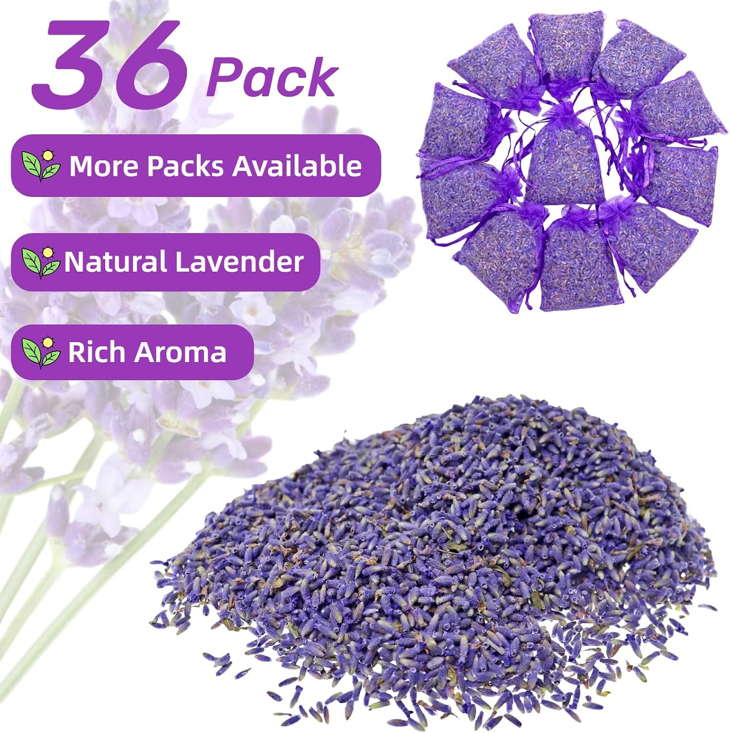 36 Pack Lavender Sachet Bags - 100% Natural Dried Lavender Buds for Closets Drawers Car & Home | French Potpourri Fragrance Sachets Rich Aroma Air Long Lasting Fresh Scents