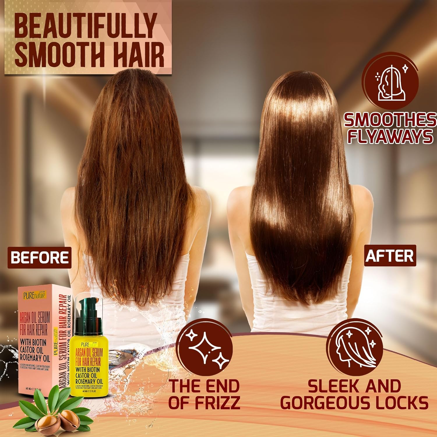 Moroccan Argan Oil Hair Serum - Rescue Frizzy and Damaged Locks - With Heat Protectant and Straightening Properties - Hydrating Anti Frizz Products For Curly and Straight Hair with Split Ends