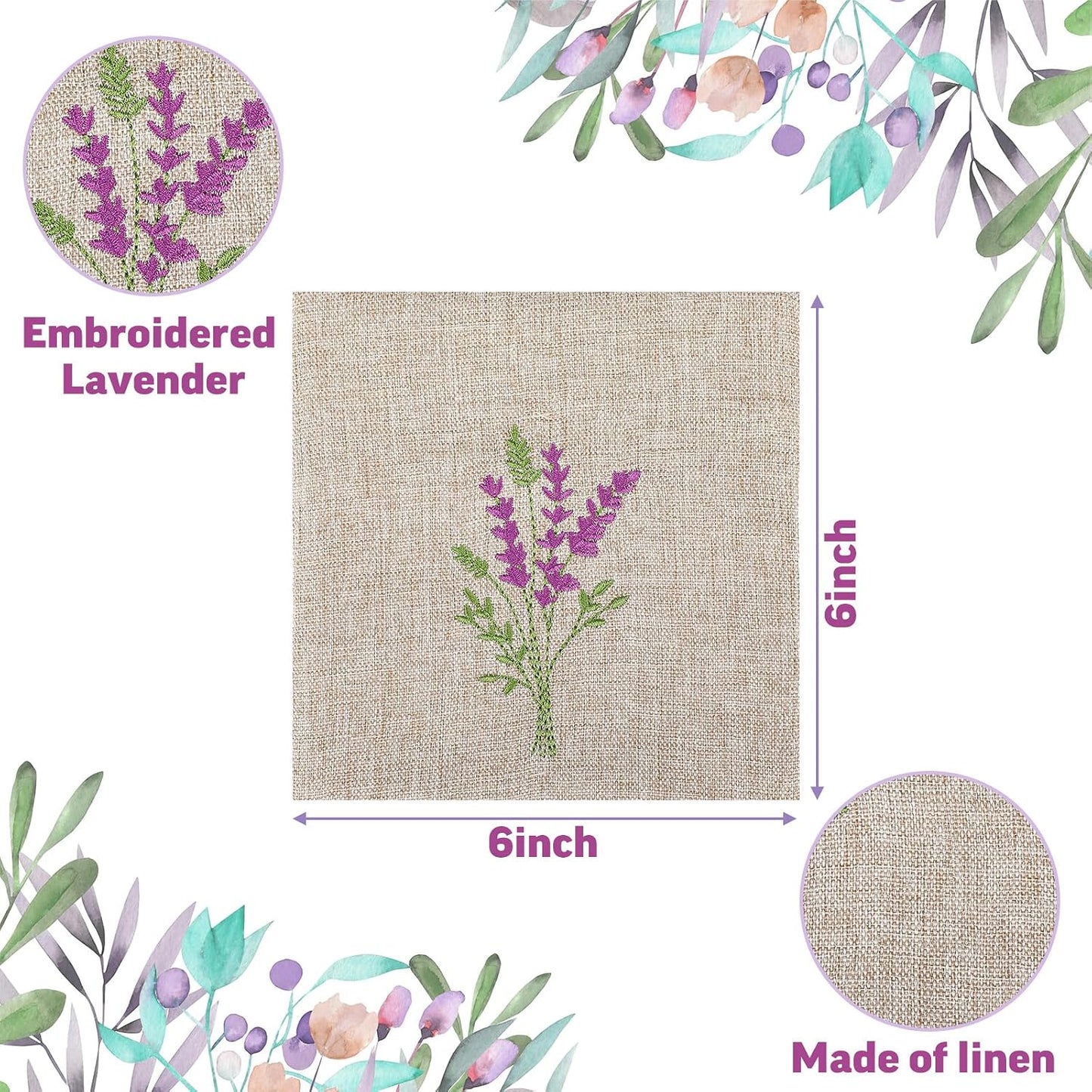 SATINIOR 10 Pack 6x6 Inch Embroidered Lavender Sachet Bags Sachet Empty Bags with Hook and Loop Fasteners Cotton Linen Mini Fabric Pouch for DIY Craft Filling Spice Jewelry Wedding Gift