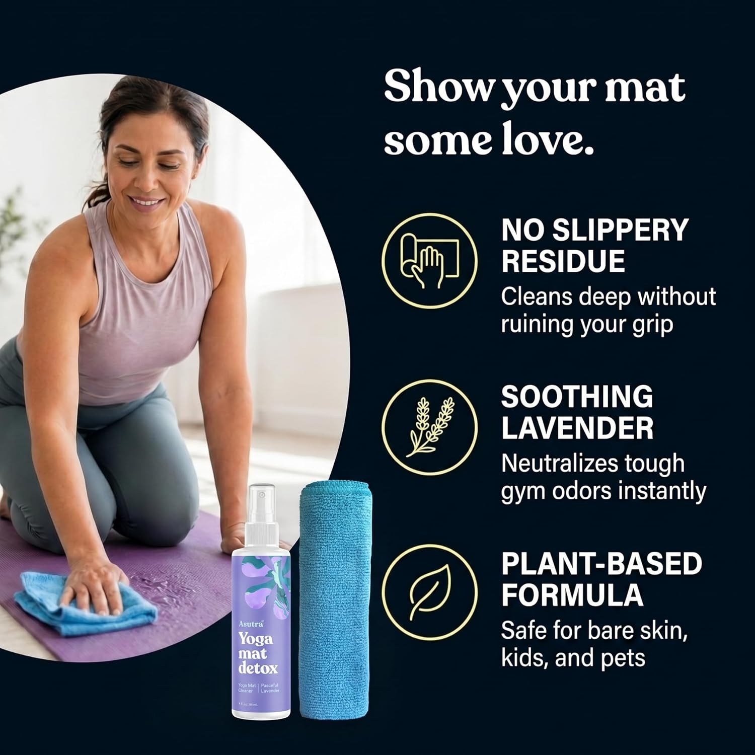 ASUTRA Yoga Mat Cleaner Spray (Peaceful Lavender), 4 fl oz - No Slippery Residue, Organic Essential Oils, Deep-Cleansing for Fitness Gear & Gym Equipment, Microfiber Towel Included