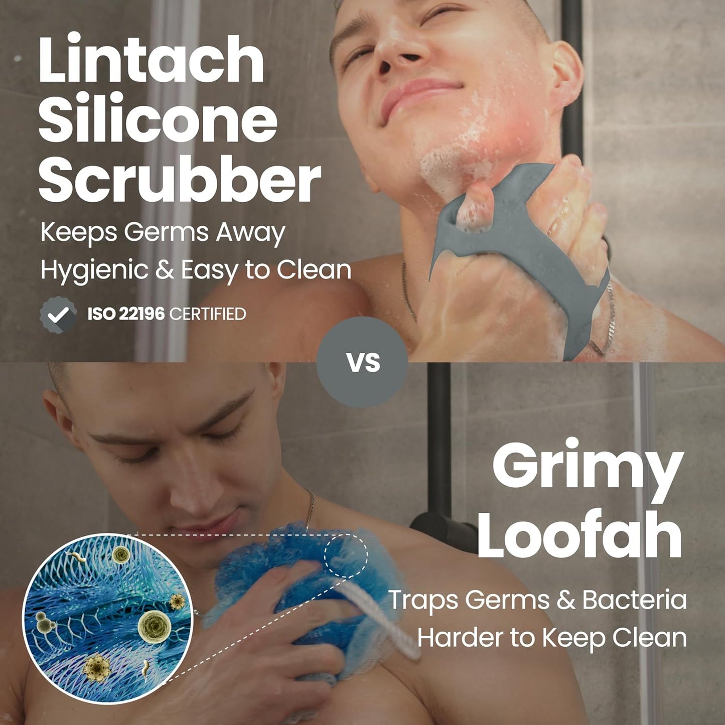 Silicone Shower Scrubber for Body – Exfoliating Loofah Alternative, Zinc & Silver-Infused, Hygienic & Gentle for Sensitive Skin, Durable & Long-Lasting Body Scrubber for Men - Gray