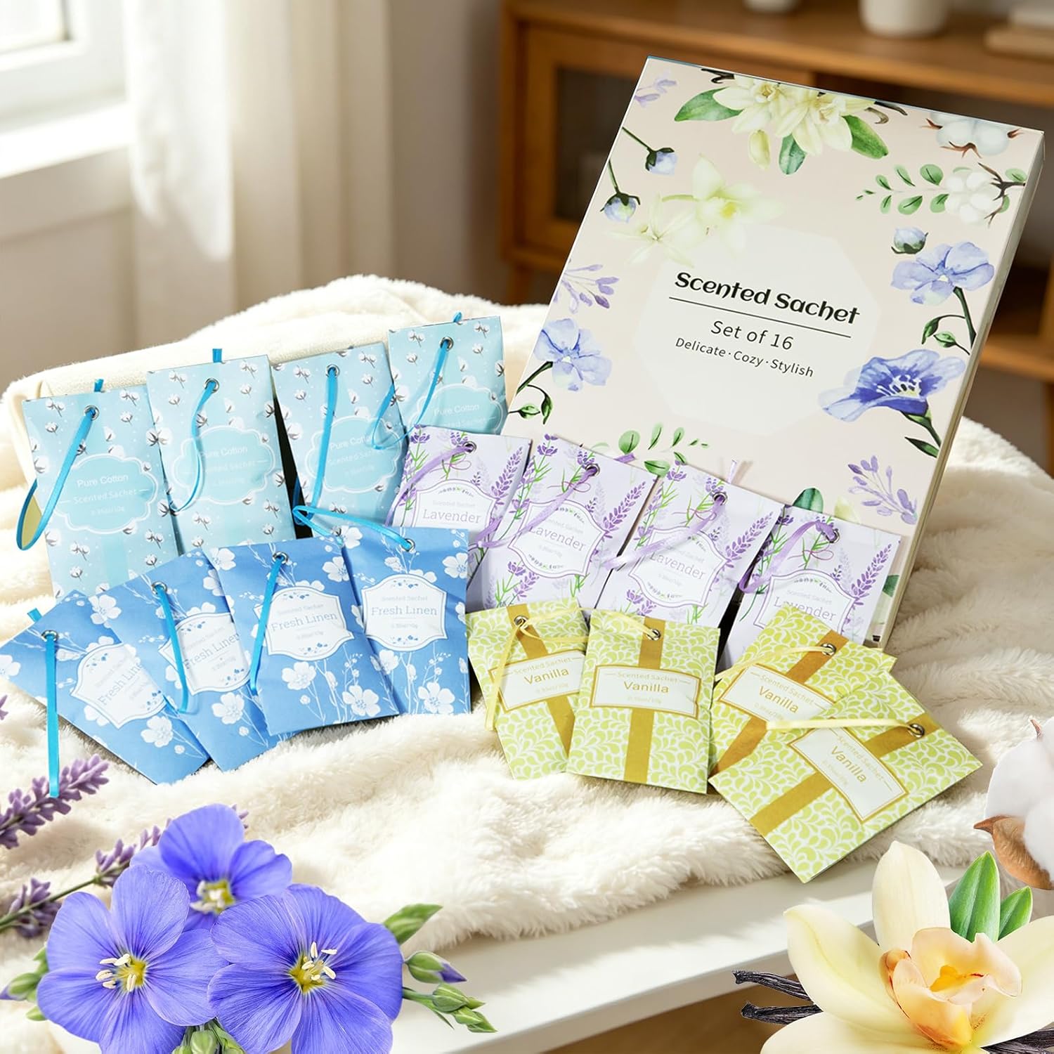 STRN Scented Sachets for Drawer and Closet, 4 Scents Linen, Lavender, Pure Cotton, Vanilla, 16 Packs Long-Lasting Sachets for Home Fragrance, Small Space Air Freshener for Wardrobes