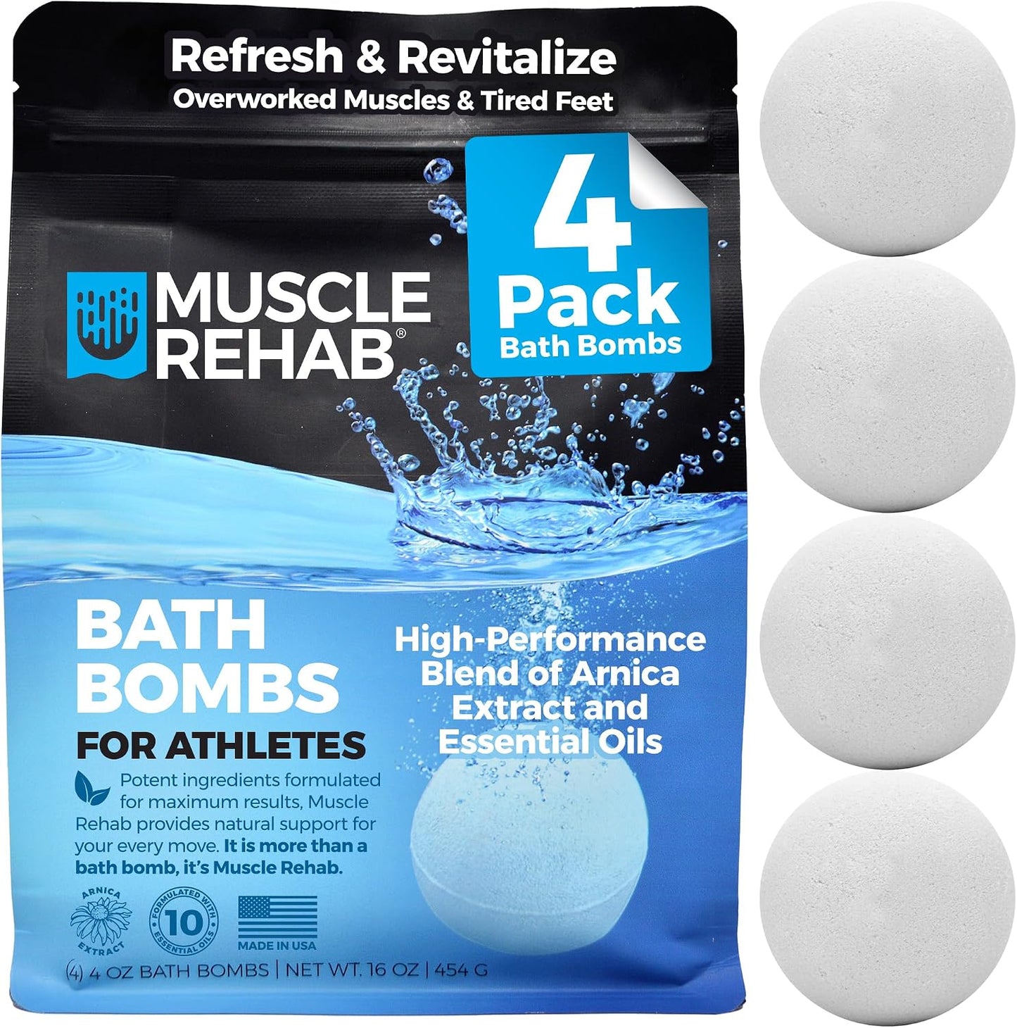 Muscle Rehab Epsom Salt Bath Bombs with Arnica (4 Pack) | Magnesium Recovery Soak for Sore Muscles, Post-Workout Relief & Relaxation | Eucalyptus, Turmeric & Clary Sage Essential Oils