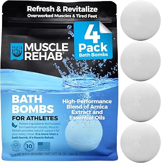 Muscle Rehab Epsom Salt Bath Bombs with Arnica (4 Pack) | Magnesium Recovery Soak for Sore Muscles, Post-Workout Relief & Relaxation | Eucalyptus, Turmeric & Clary Sage Essential Oils