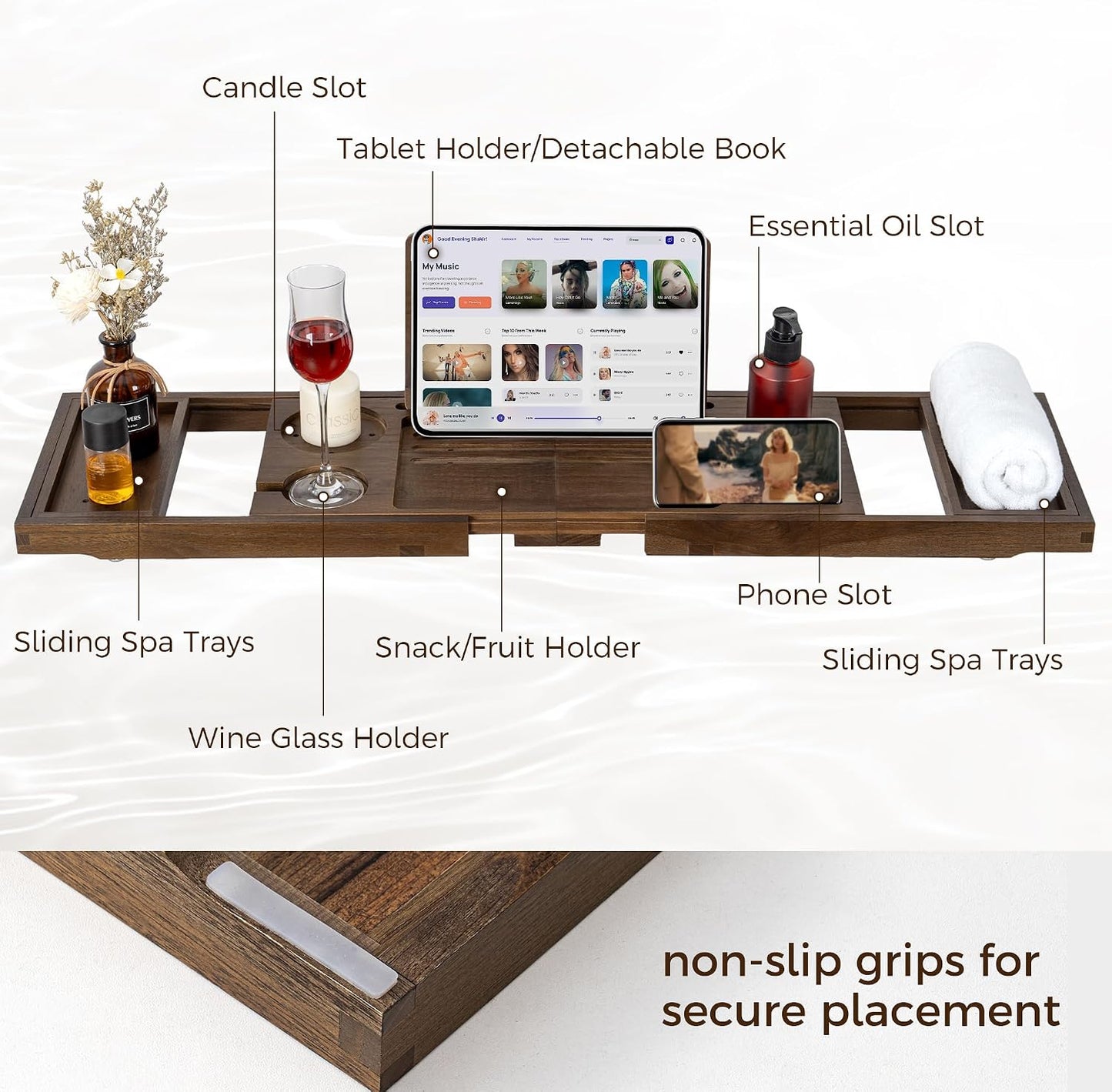 Teak Bathtub Tray, Expandable Bath Tray for Tub 28–40in, Foldable Bath Caddy with Wine Holder, Phone & Tablet Stand, Wooden Bathtub Organizer, Luxury Spa Bathroom Accessories Gift - Dark Walnut Finish