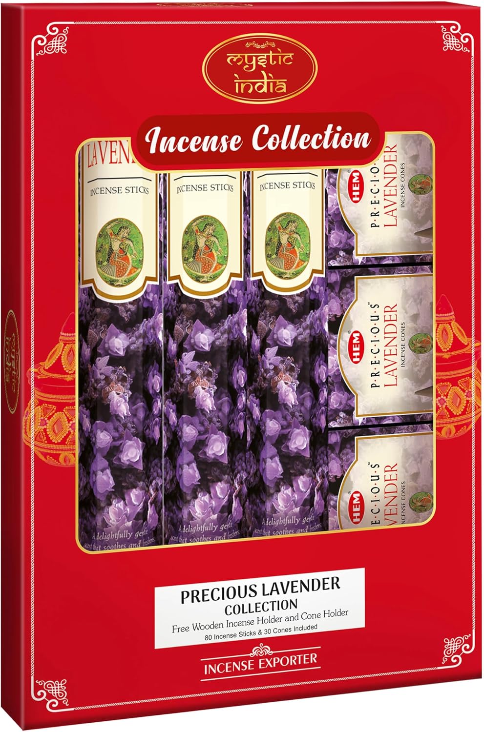 Mystic India - Hem Incense Precious Lavender 4 Tube Hexa & 3 Box Cones with Free Incense Holder & Cone Holders.