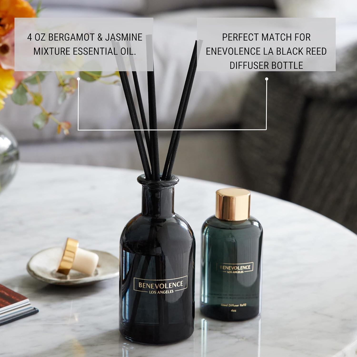 Benevolence LA Bergamot & Jasmine Reed Diffuser Oil Refill | Long Lasting Home Fragrance for Bathroom and Bedroom | Essential Oils for Relaxation - 4 oz