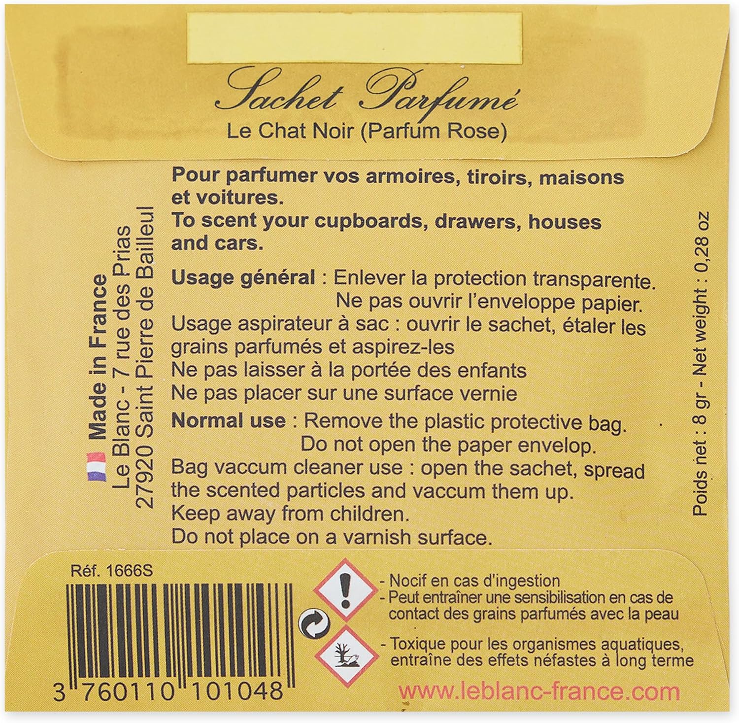 Le Blanc French Air Freshener Sachet Set, Eliminate Odors - Drawers, Closets, Linens, Luggage and Gifts, Chat Noir/Rose