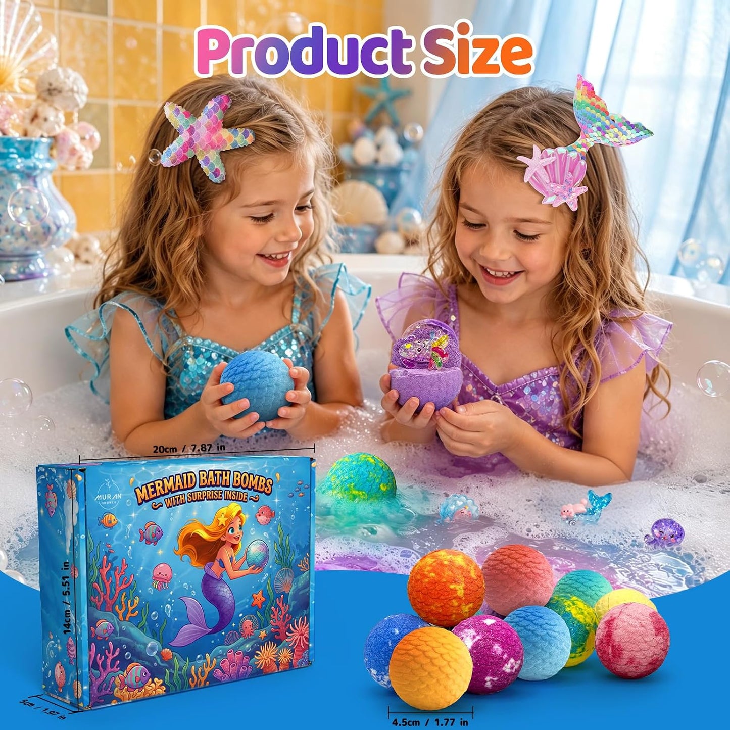Mermaid Bath Bombs for Kids with Surprise Toys Inside, 12pcs Bubble Kids Bath Bombs with Mermaid Toys Gift Set for 3 4 5 6 7 8 Year Old Girls Birthday Christmas Gift Spa Bath Ball with Bath Toy Fun