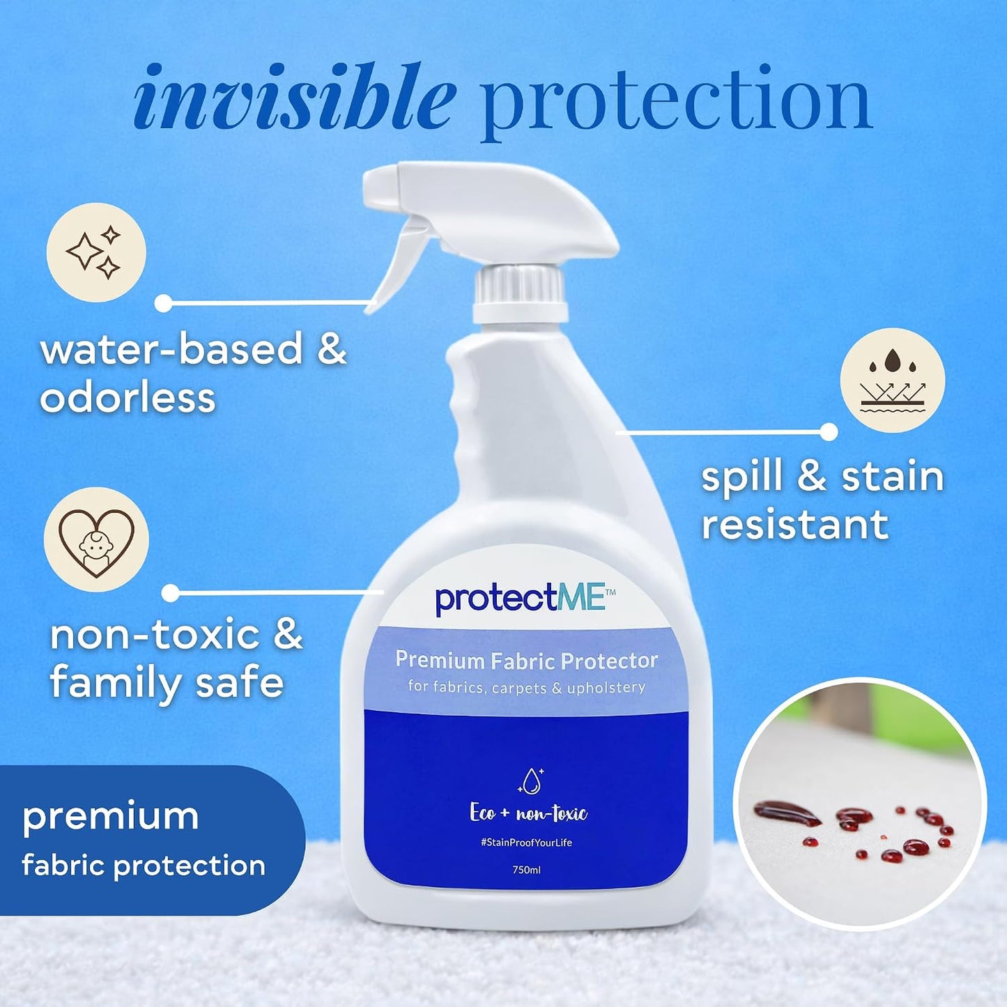 protectME Fabric Protector and Stain Resistant Spray - Upholstery Fabric Spray for Stain Guard for Carpet, Shoes, Couch, Sofa - Non Toxic Water Based Furniture Protector - 25.4 Fl. Oz.