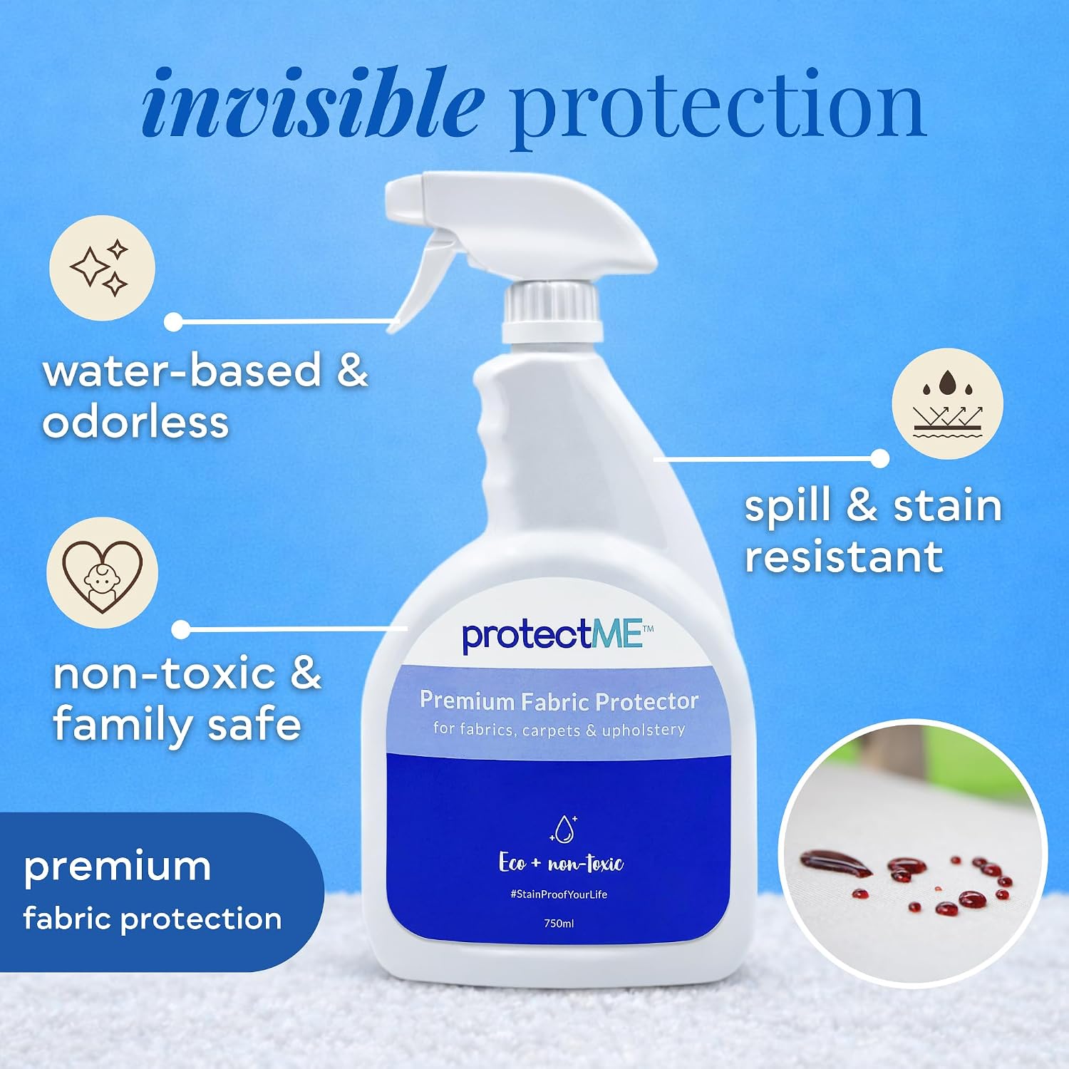 protectME Fabric Protector and Stain Resistant Spray - Upholstery Fabric Spray for Stain Guard for Carpet, Shoes, Couch, Sofa - Non Toxic Water Based Furniture Protector - 25.4 Fl. Oz.
