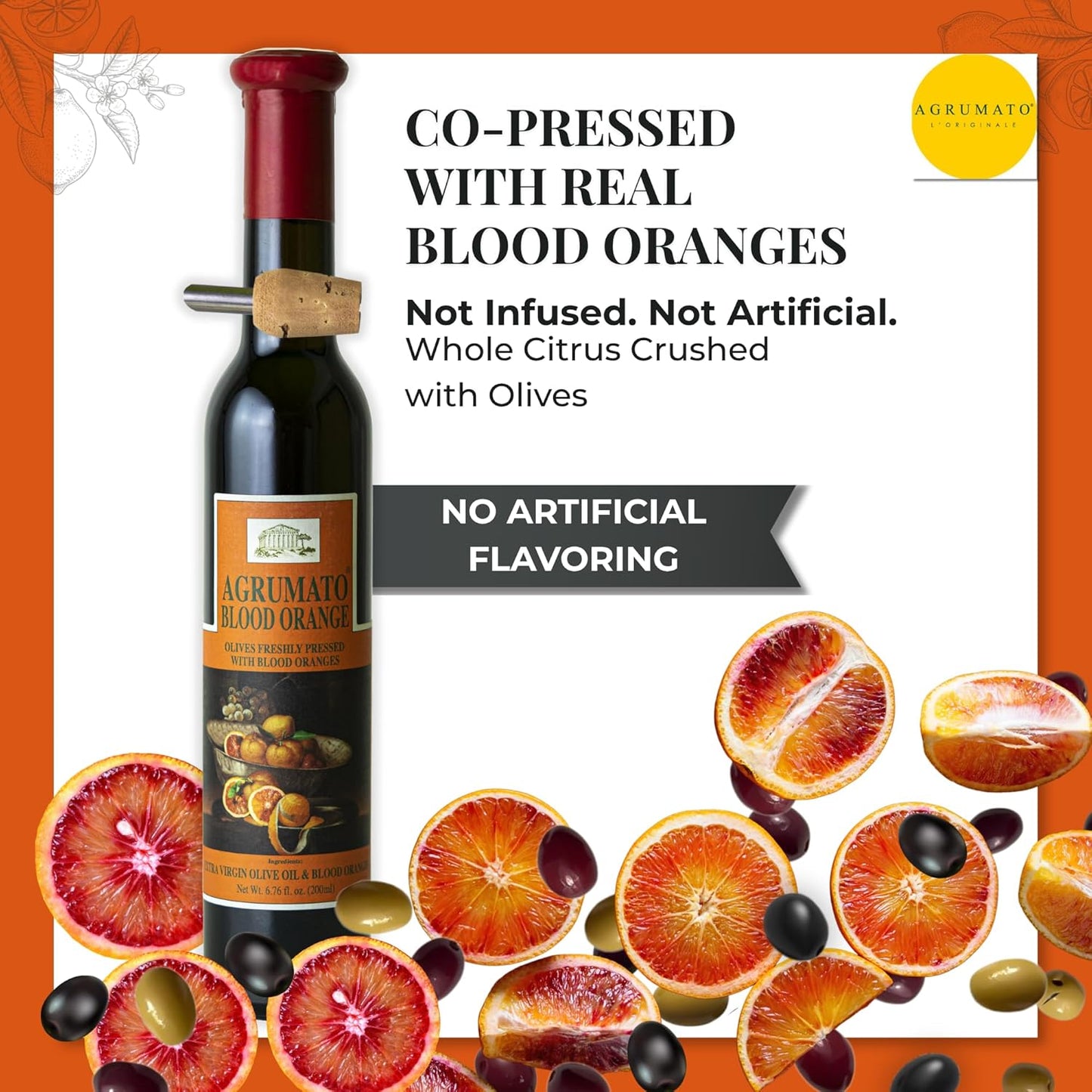 Agrumato Blood Orange Olive Oil, Cold Pressed Italian Extra Virgin with Fresh Citrus Peel, Small Batch Gourmet Finishing Oil for Salads Seafood Pasta Cooking, 6.76 Fl Oz