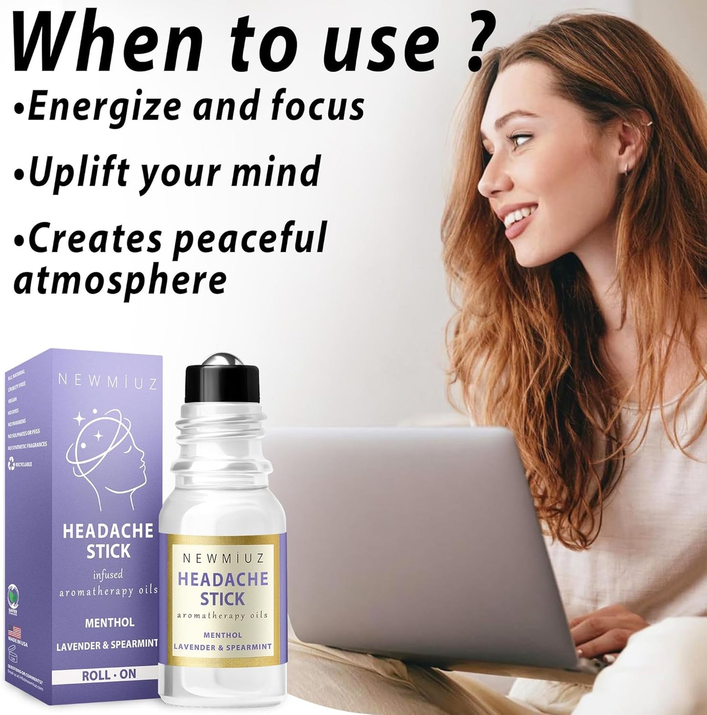 Migraine Roll On Stick - Menthol Fast Cooling Comfort for Your Headache Tension. Aromatherapy Essential Oils Blend Peppermint Lavender Spearmint. Self Care Calming Gift for Women Men. Made in USA