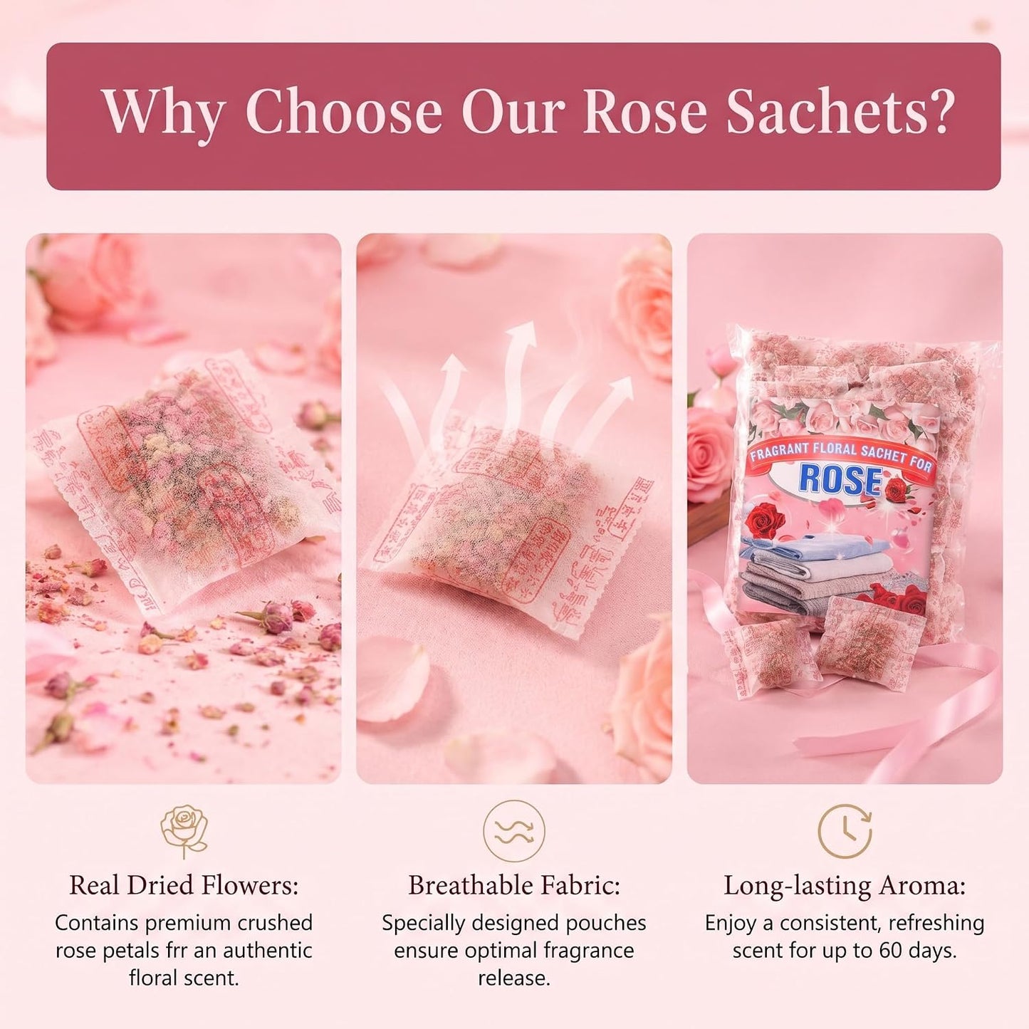 RAINFLOW Sachets for Drawers and Closets - 100 Pcs Rose Sachet Bag Natural Floral Fragrance Bags Bulk Odor Eliminator and Air Freshener for Drawer,Clothes Storage and Small Spaces
