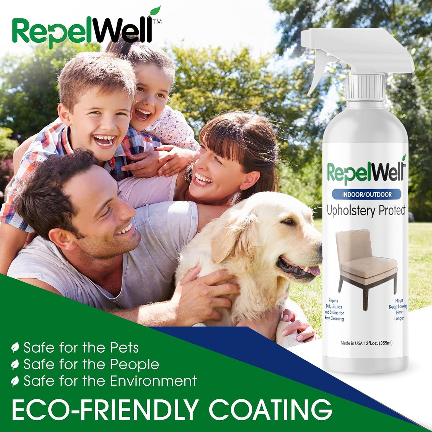 RepelWell Upholstery Protect Stain & Water Repellent Spray (12oz) Eco-Friendly, Pet-Safe Spray Keeps Your Fabric, Leather & Suede Upholstery Looking Like New