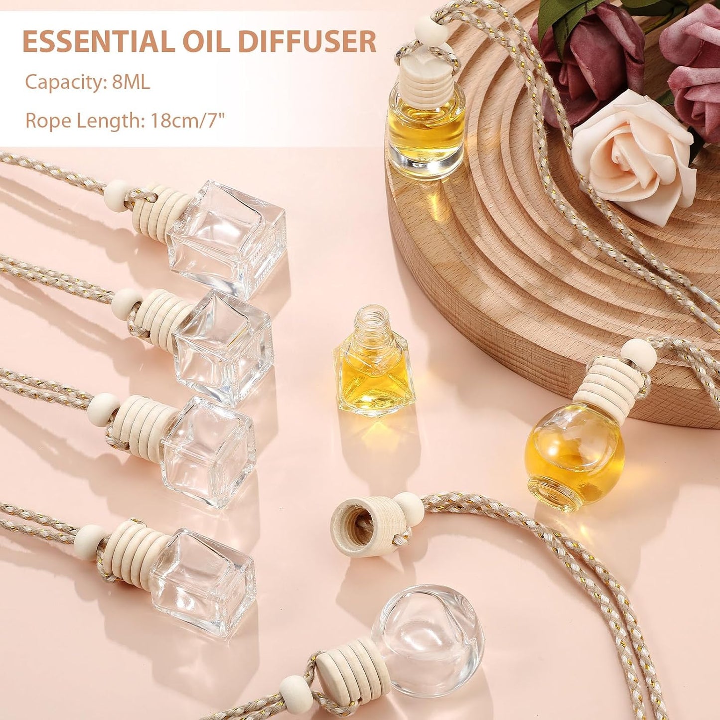 Dandat 80 Pcs 8 ml Car Diffuser Bottle with Wooden Caps Inner Stopper Lanyard Empty Glass Hanging Car Air Freshener Diffuser Bulk for Essential Oil Fragrance Pendants Perfume Gift DIY 8 Assorted Style