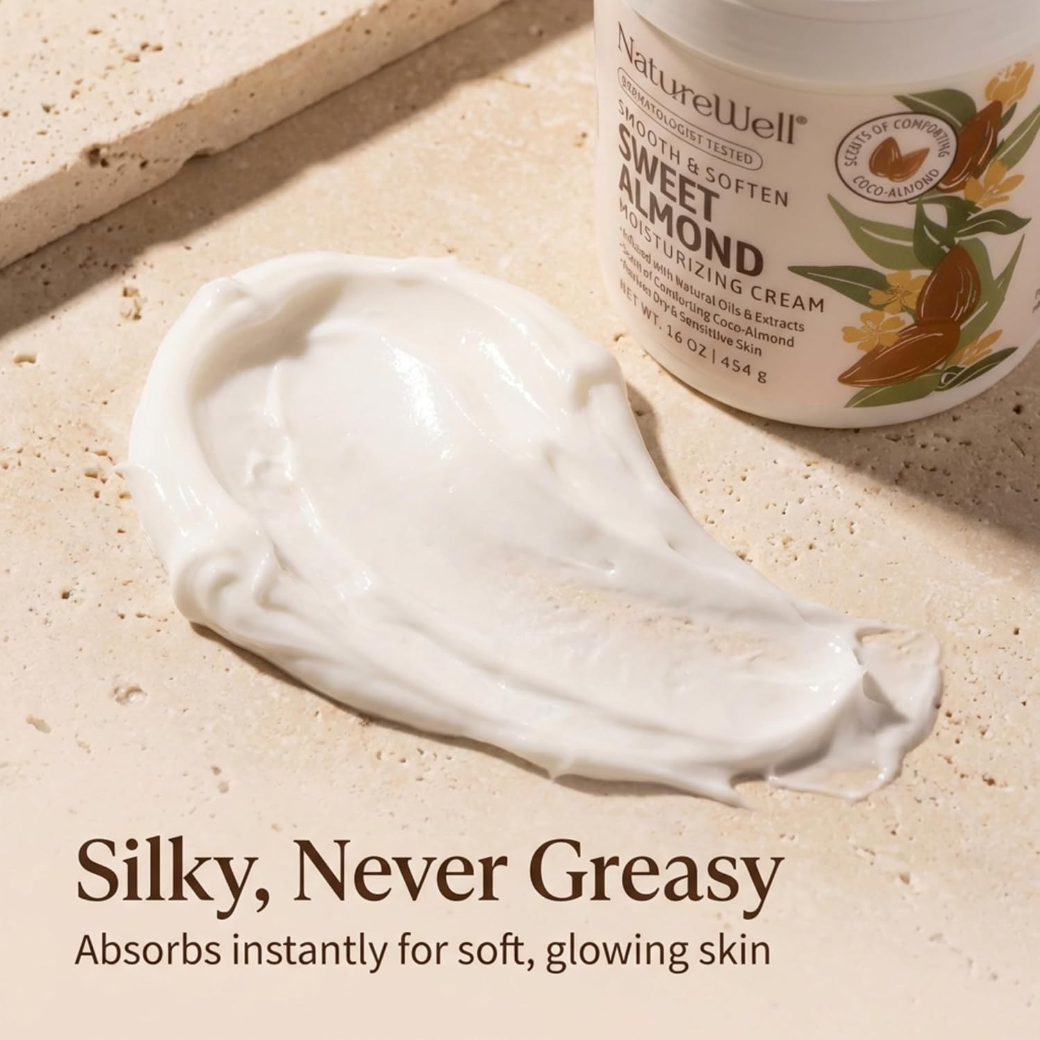 NATURE WELL Sweet Almond Body Cream, Moisturizing Cream for Dry & Sensitive Skin, Hydrating Body Moisturizer with Natural Oils & Extracts, Coco-Almond Scent, Dermatologist Tested, 16 Oz
