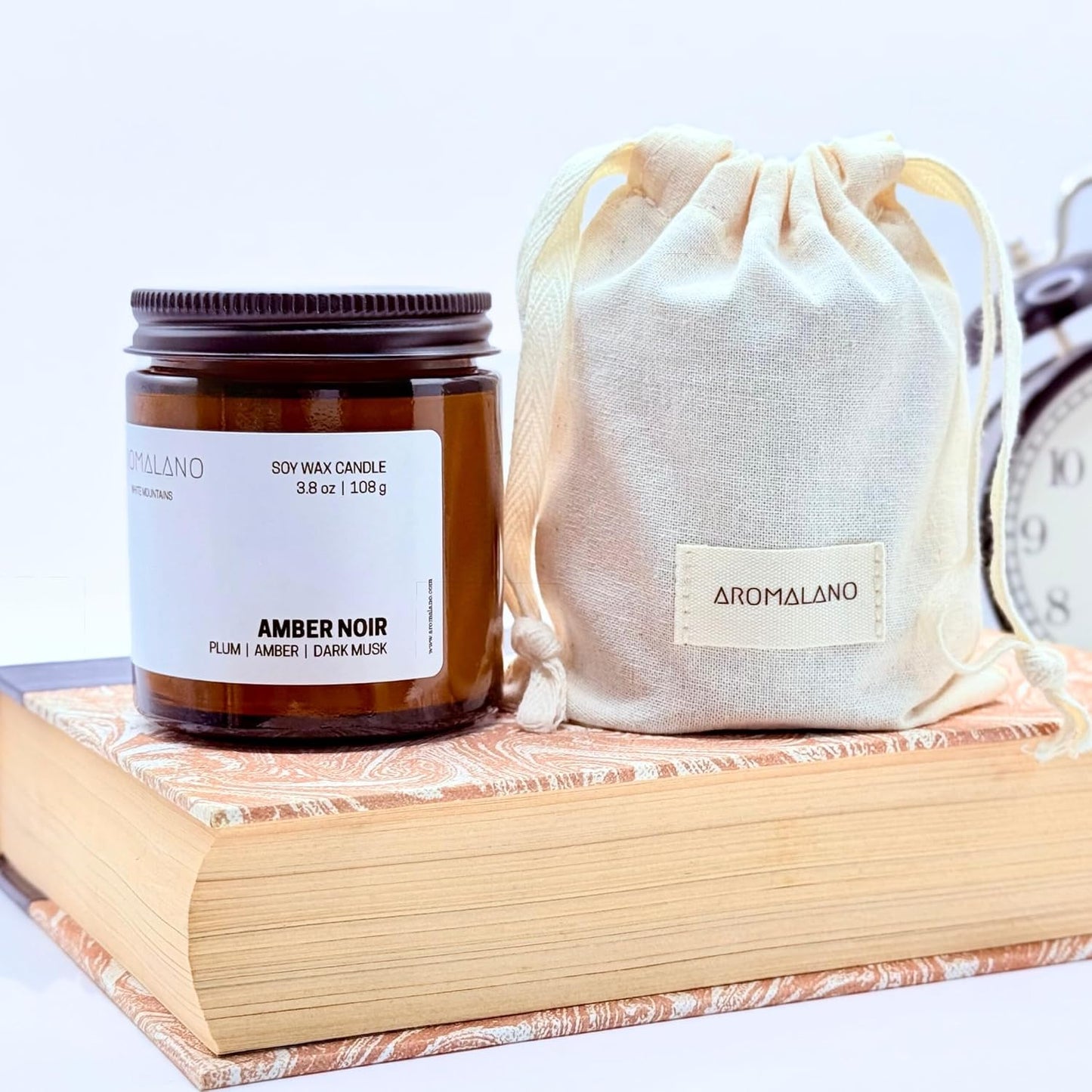 Hand-Poured Scented Soy Candle, Amber Glass Jar with Cotton Bag, 3.8 oz (Amber Noir: Plum, Amber, Dark Musk)