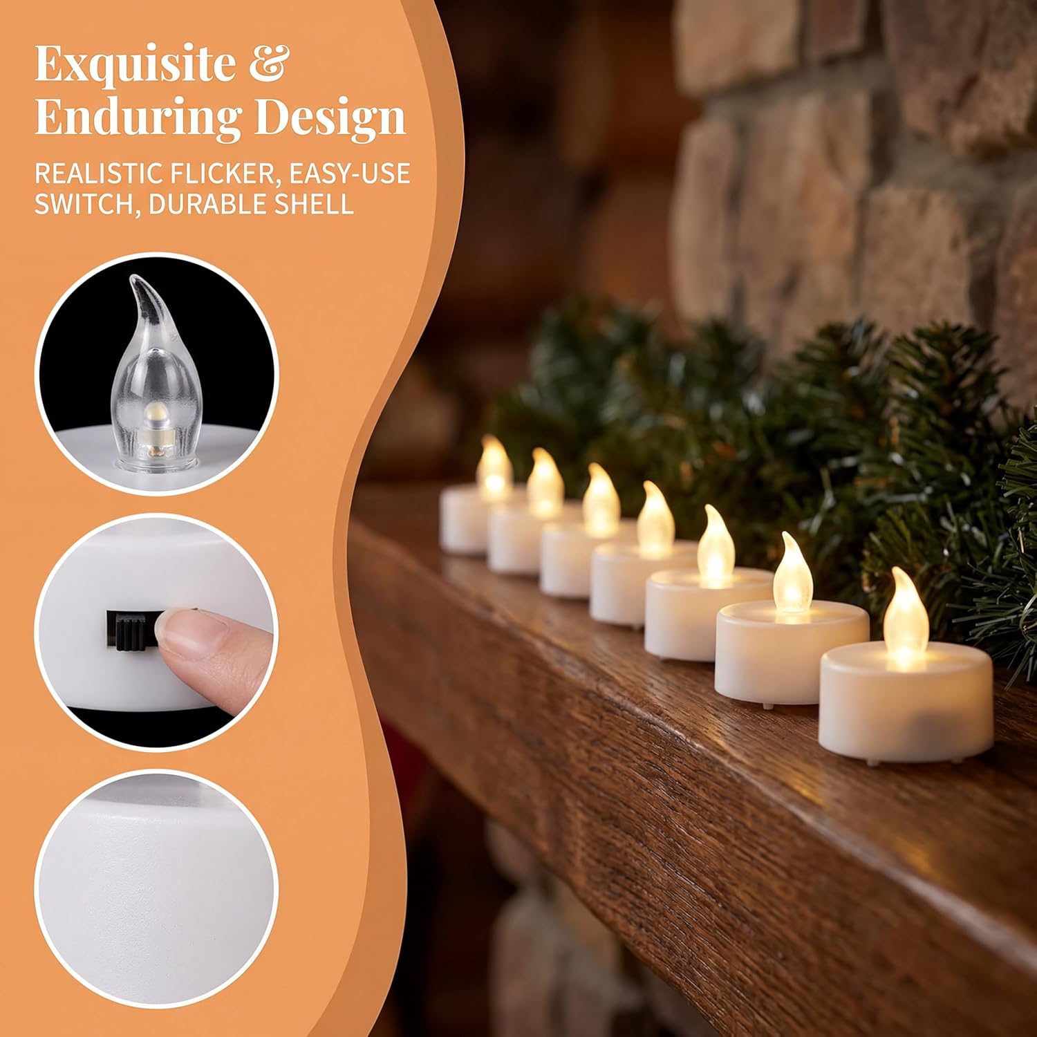 Tea Lights Flameless Battery Operated Candles-LED Flickering Votive Candle Long Lasting 200 Hours,24 Pack Realistic and Bright for Seasonal Festive Celebrations Decoration Warm White